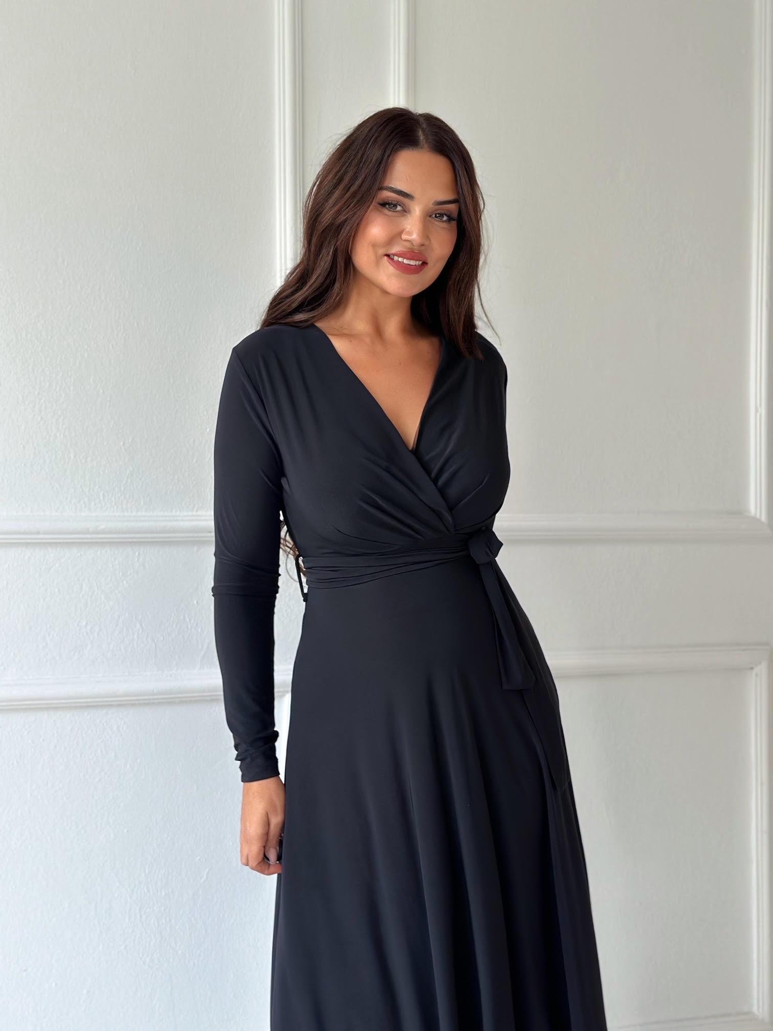 Lüks Kalite Kruvaze Yaka Kloş Etekli Siyah Midi Elbise | Nora Butik · 8