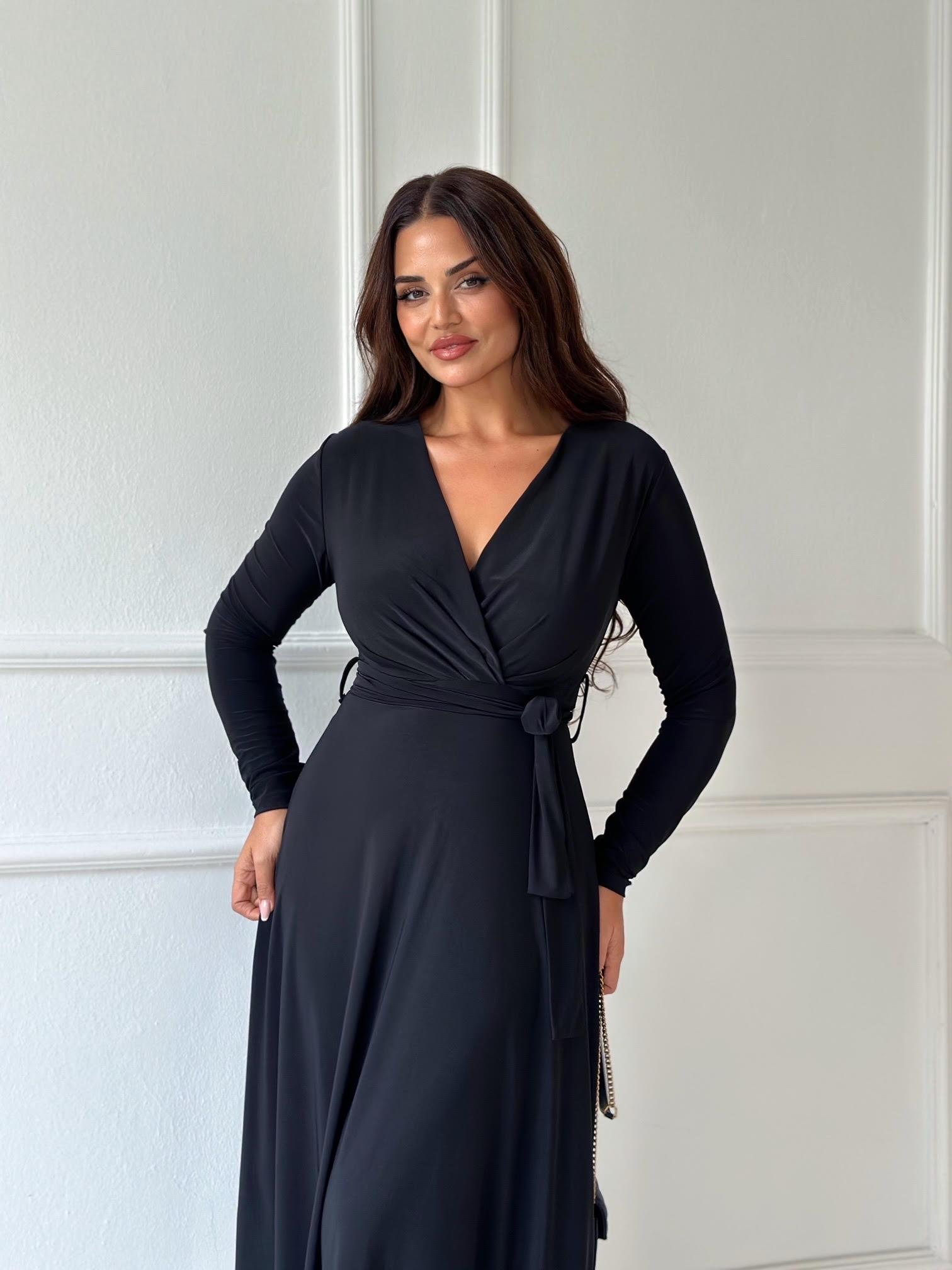 Lüks Kalite Kruvaze Yaka Kloş Etekli Siyah Midi Elbise | Nora Butik · 6