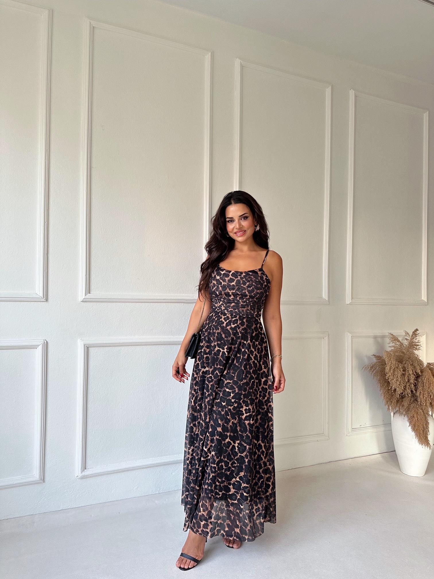 Lüks kalite leopar desen kloş etek midi elbise - Nora Butik · 3