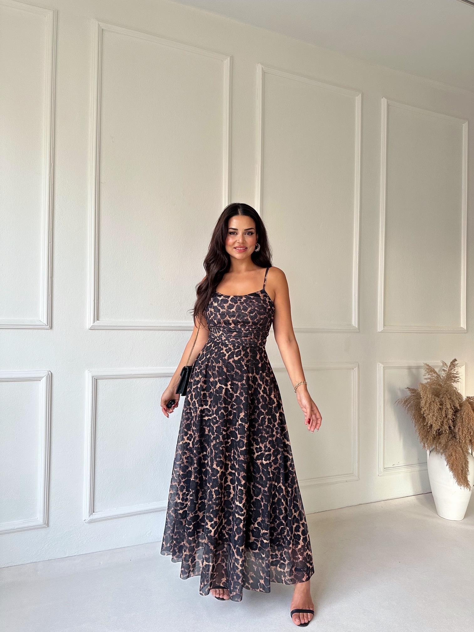 Lüks kalite leopar desen kloş etek midi elbise - Nora Butik · 2