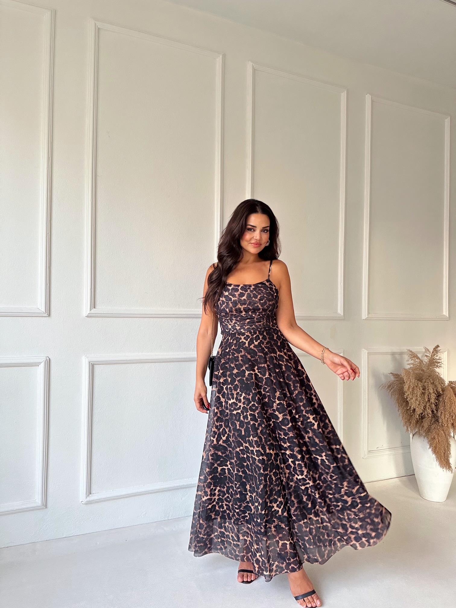 Lüks Kalite Leopar Desen Kloş Etek Midi Elbise