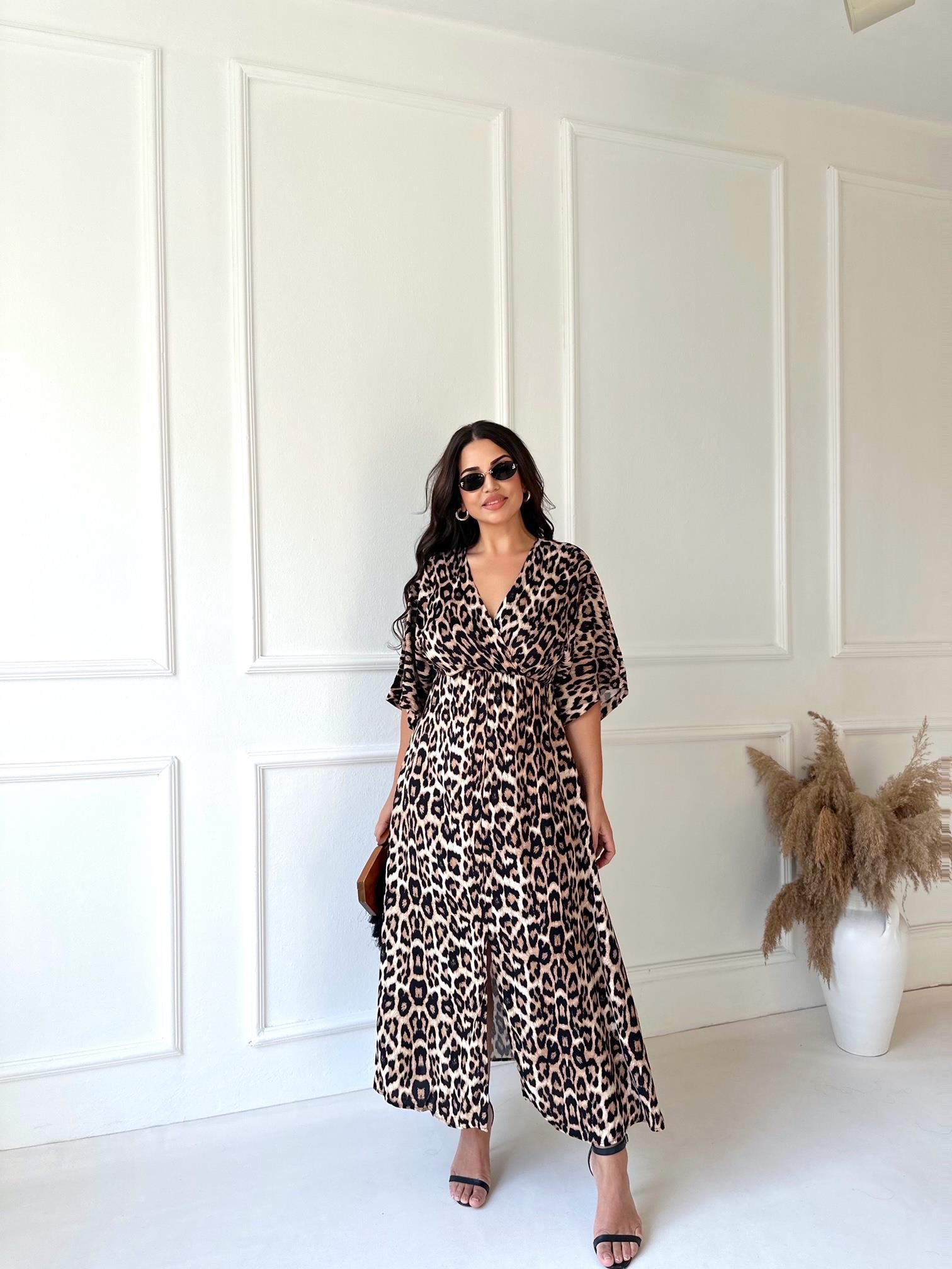 Lüks Kalite Leopar Maksi Elbise 