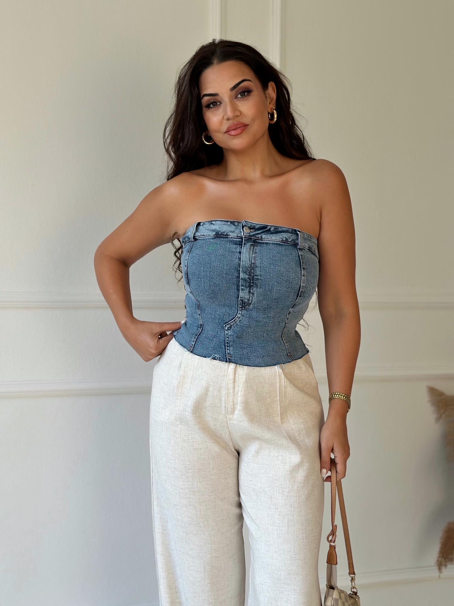 Lüks Kalite Likralı Denim Straplez Bluz | Nora Butik · 3