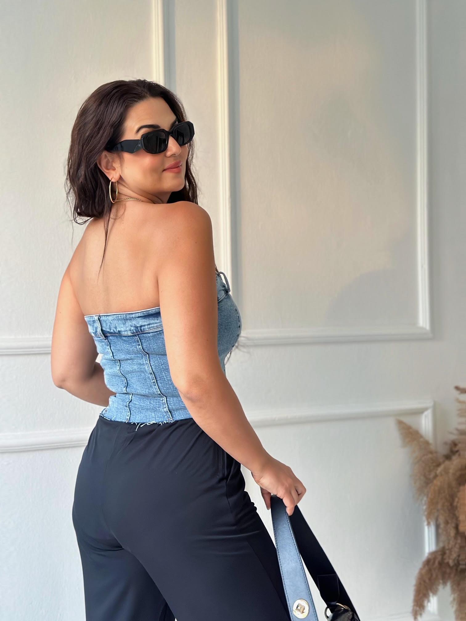 Lüks Kalite Likralı Denim Straplez Bluz | Nora Butik · 5