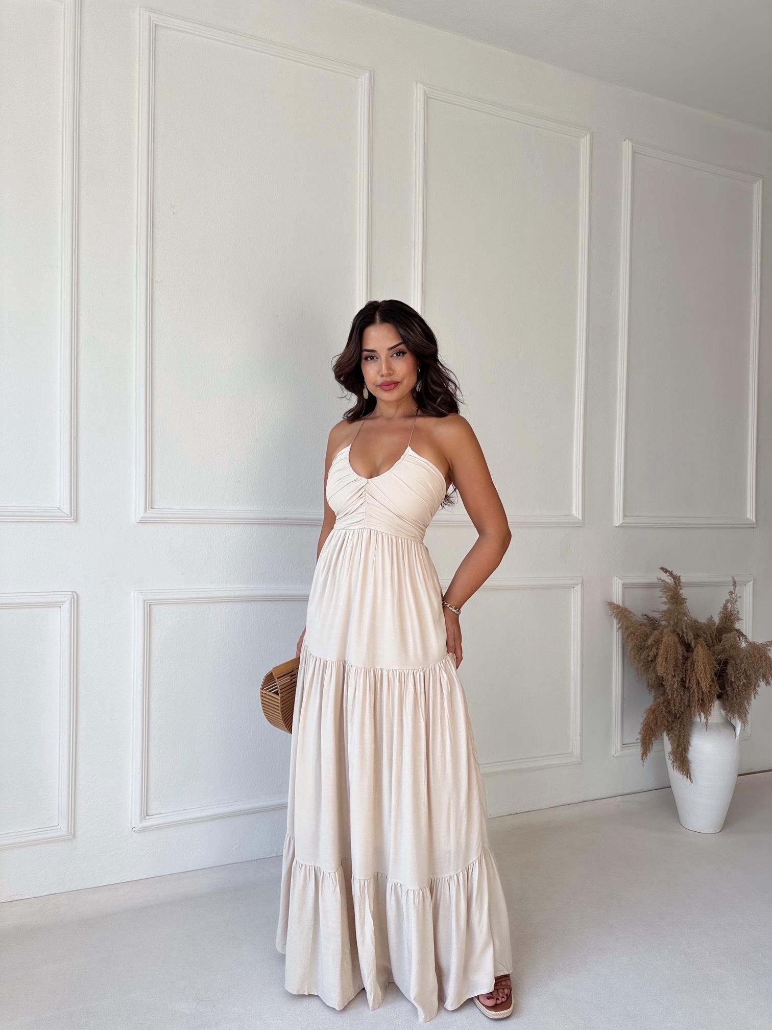 Lüks Kalite Maksi Elbise Ekru