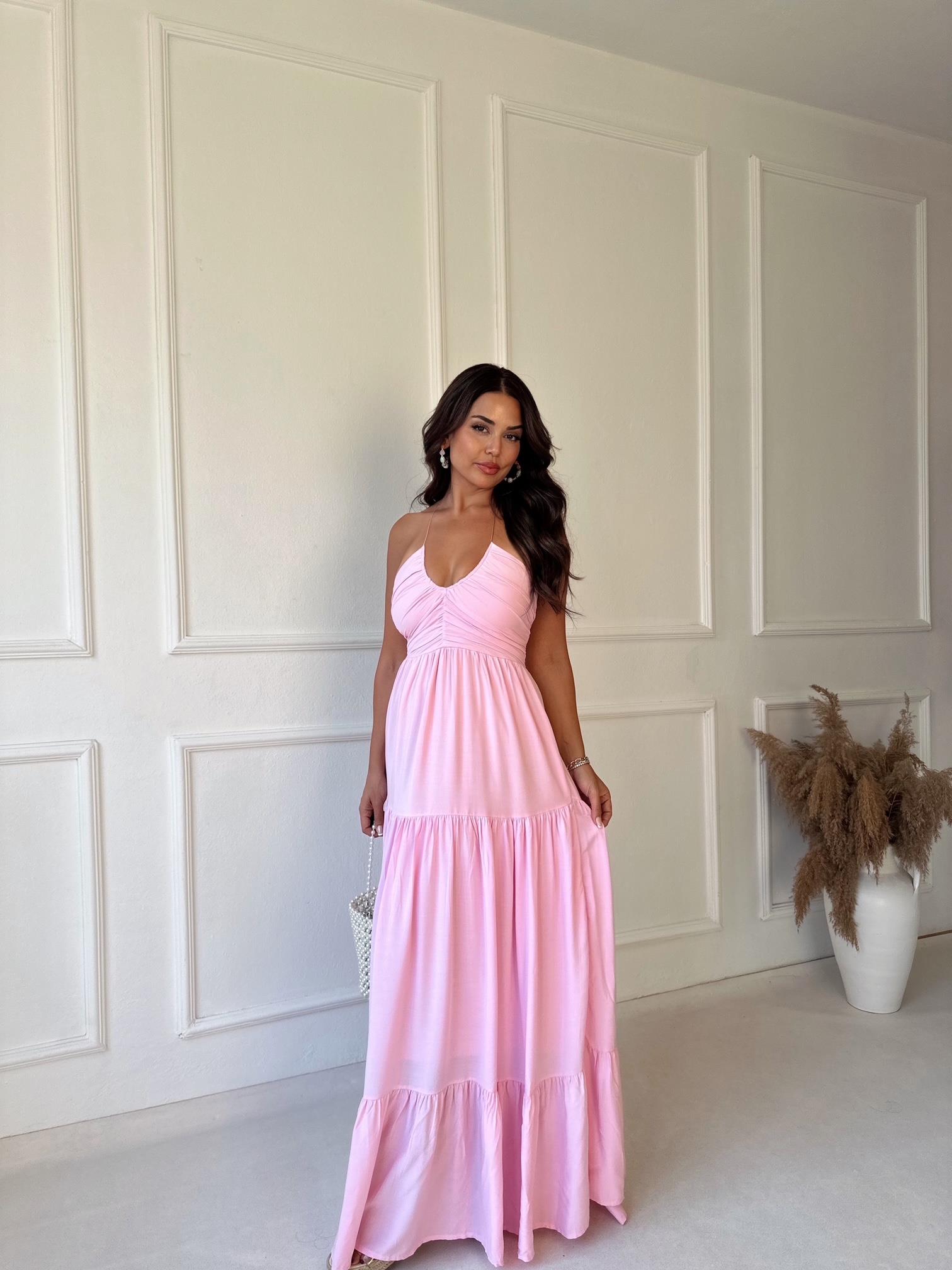 Lüks Kalite Boyundan Bağlamalı Maksi Elbise - Pembe · 3