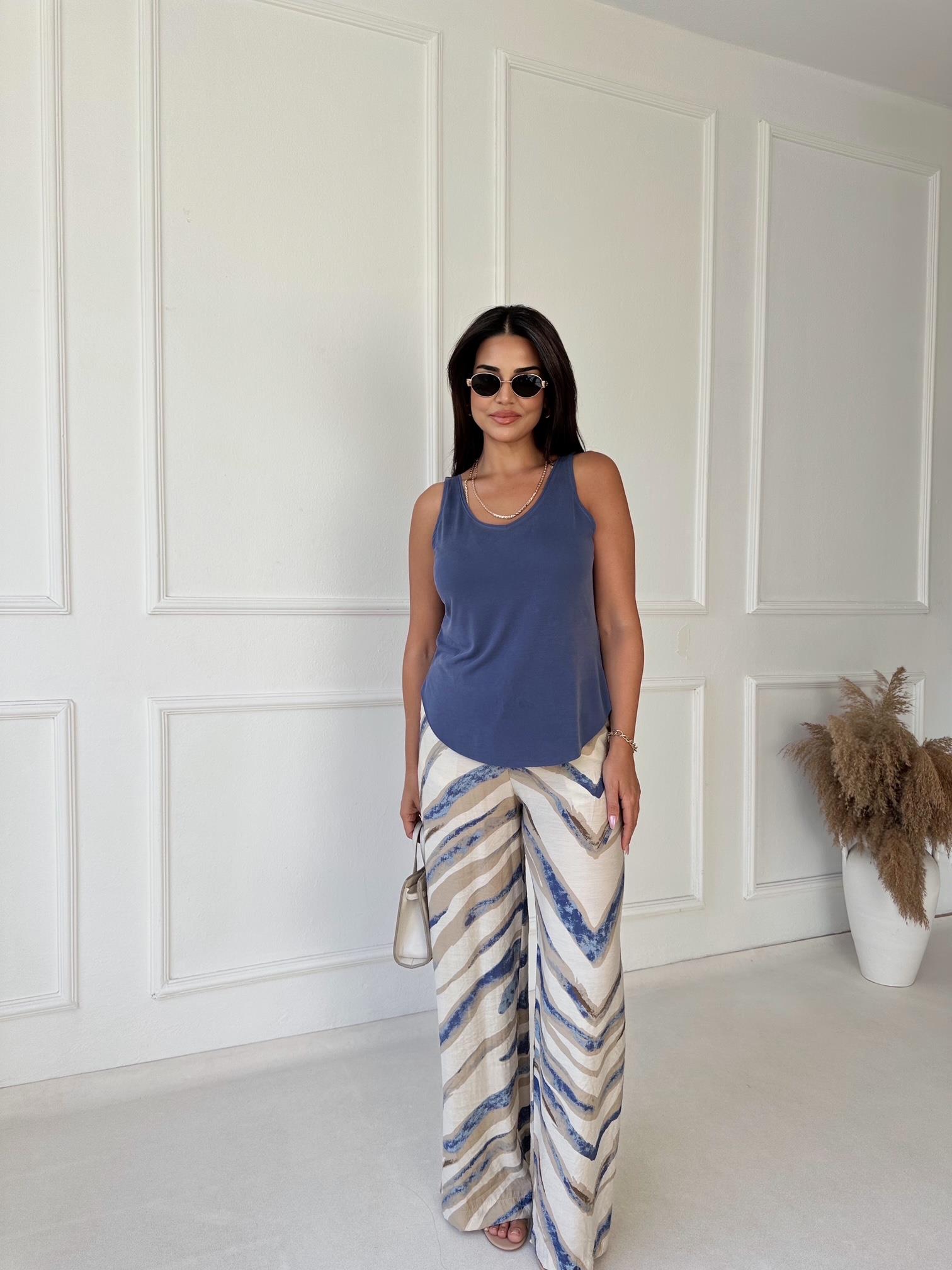 Lüks Kalite Mavi Desenli Bol Paşa Viskon Pantolon