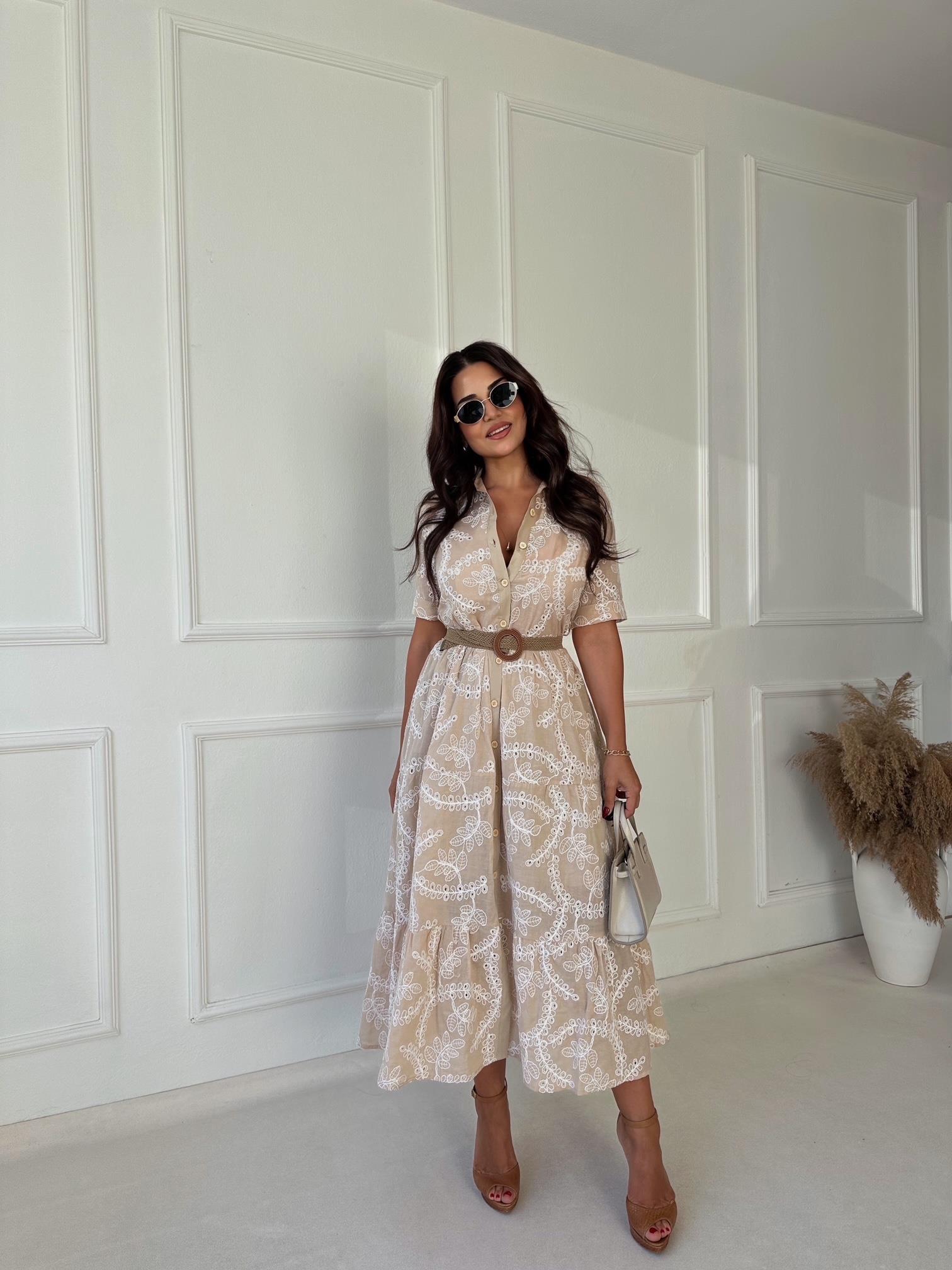 Lüks Kalite Nakışlı Kumaş Bej Midi Gömlek Elbise