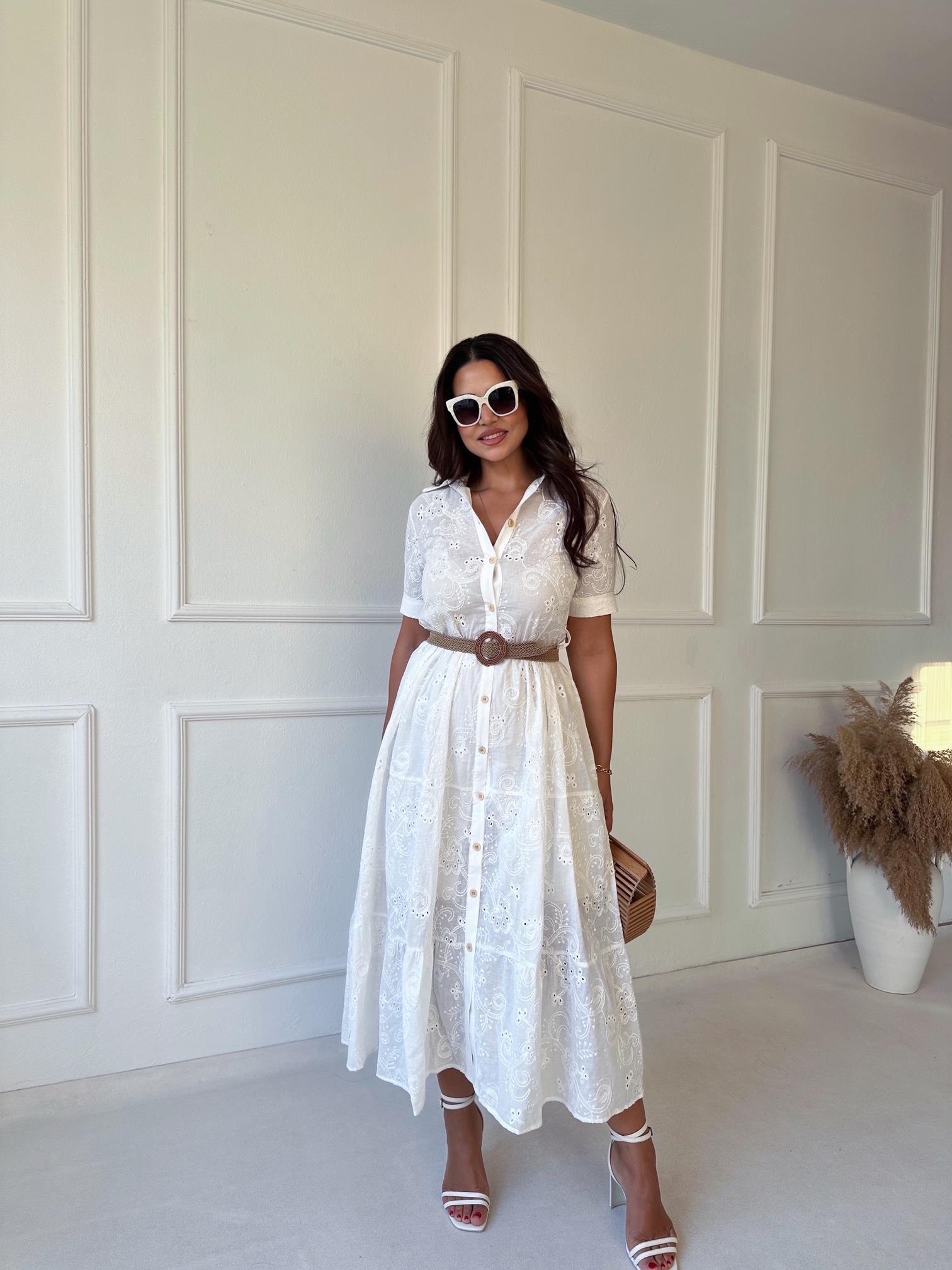 Lüks Kalite Nakışlı Kumaş Beyaz Midi Gömlek Elbise