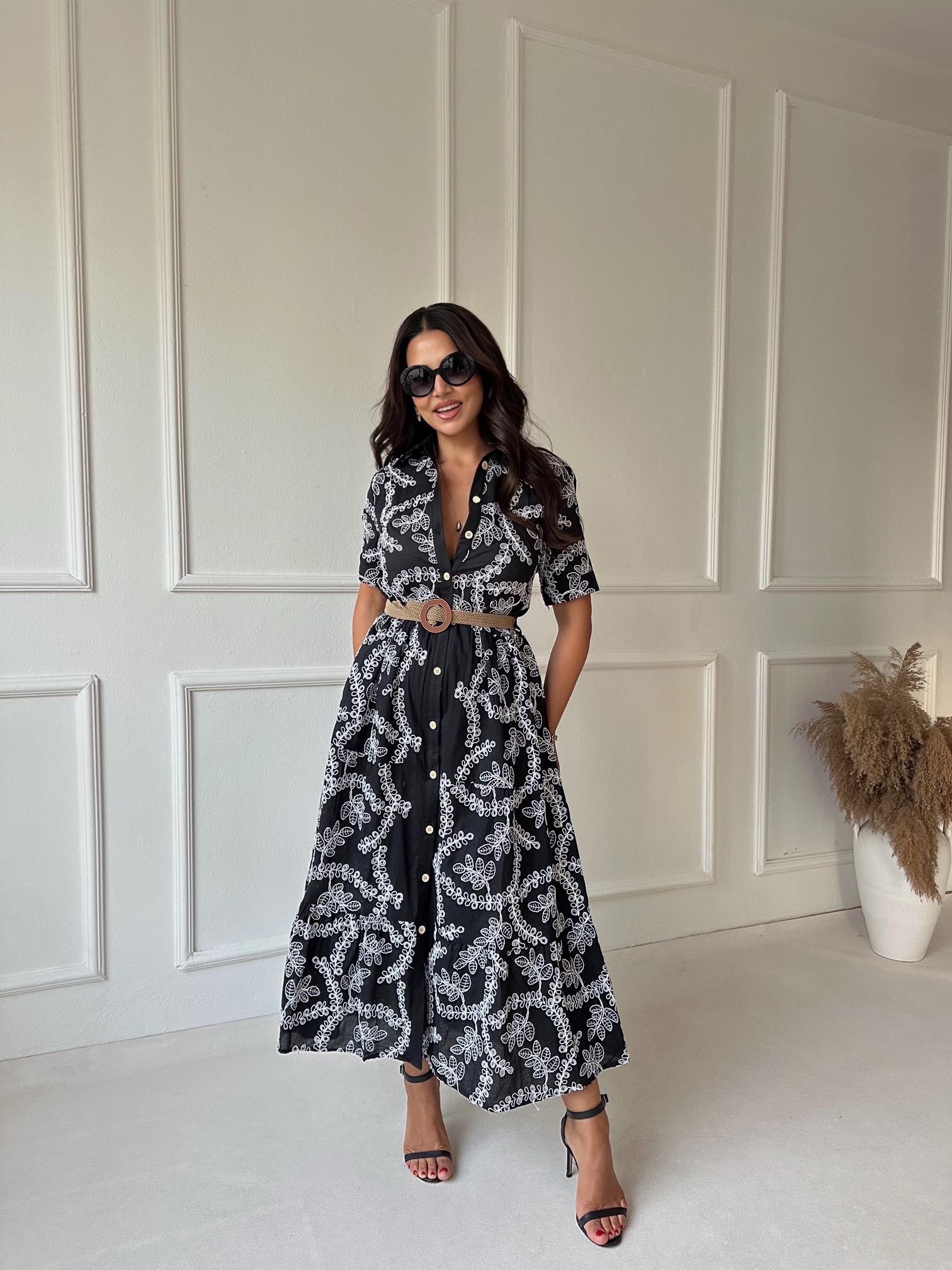 Lüks Kalite Nakışlı Kumaş Siyah Midi Gömlek Elbise