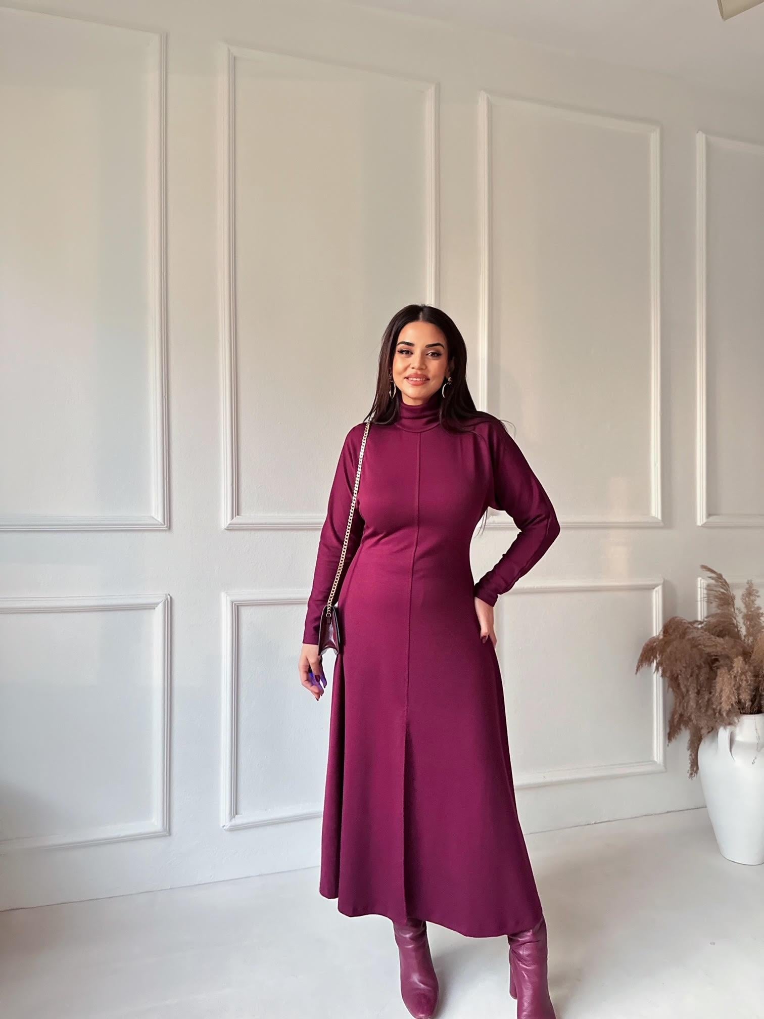 Lüks Kalite Oysho Kumaş Bordo Balıkçı Yaka Elbise