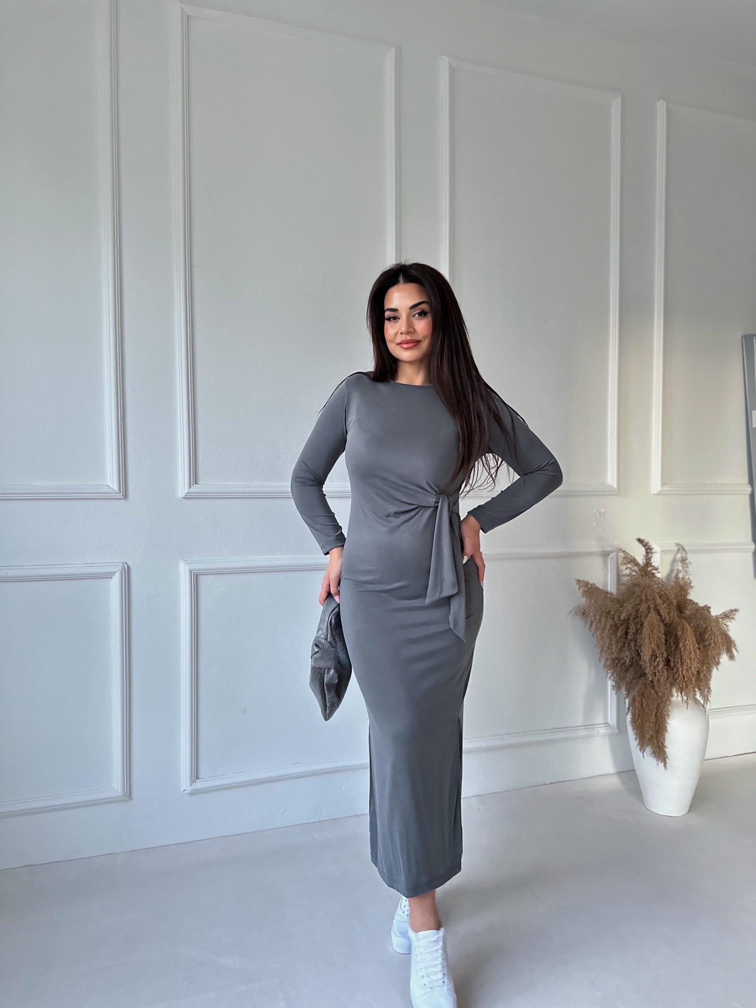 Lüks Kalite Oysho Kumaş Gri Uzun Kollu Elbise | Nora Butik · 2