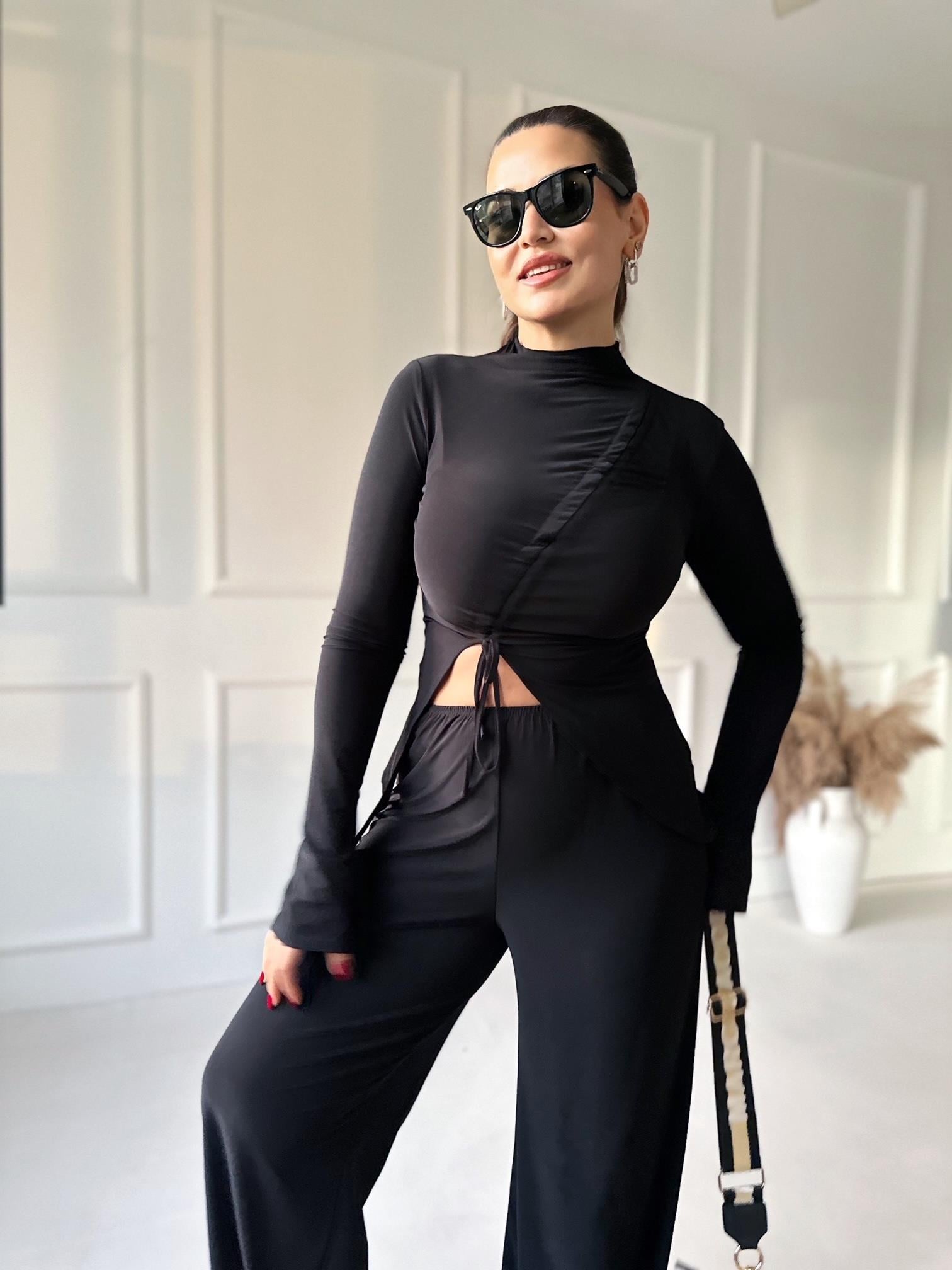 Lüks Kalite Siyah Büzgülü Bluz Bol Paça Pantolon Takım | Nora Butik · 5