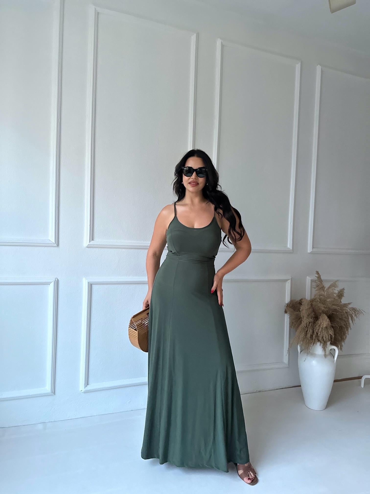 Lüks Kalite Siyah İp Askılı Basic Elbise Haki