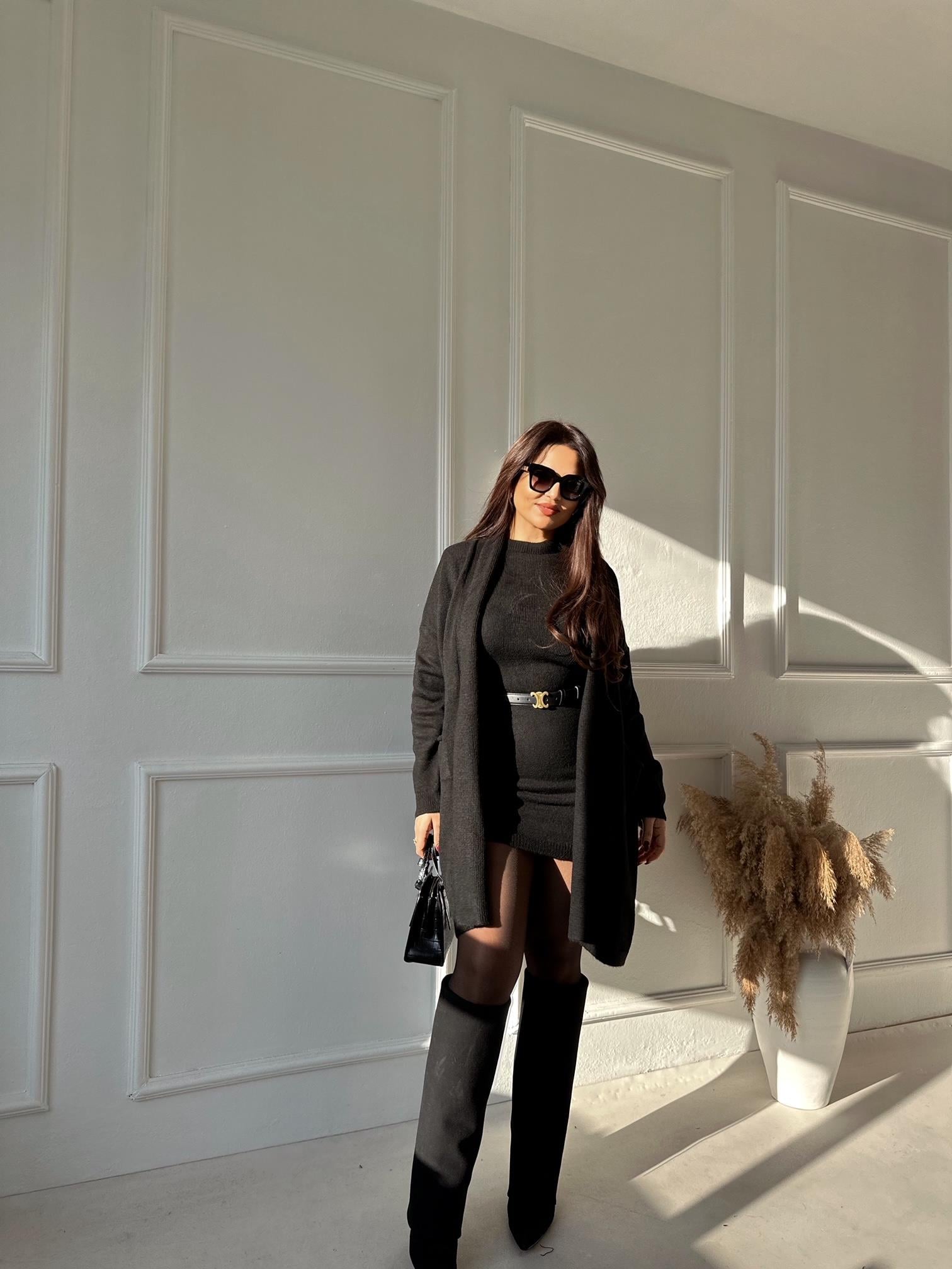 Lüks Kalite Siyah Triko Mini Elbise ve Hırka Takım 