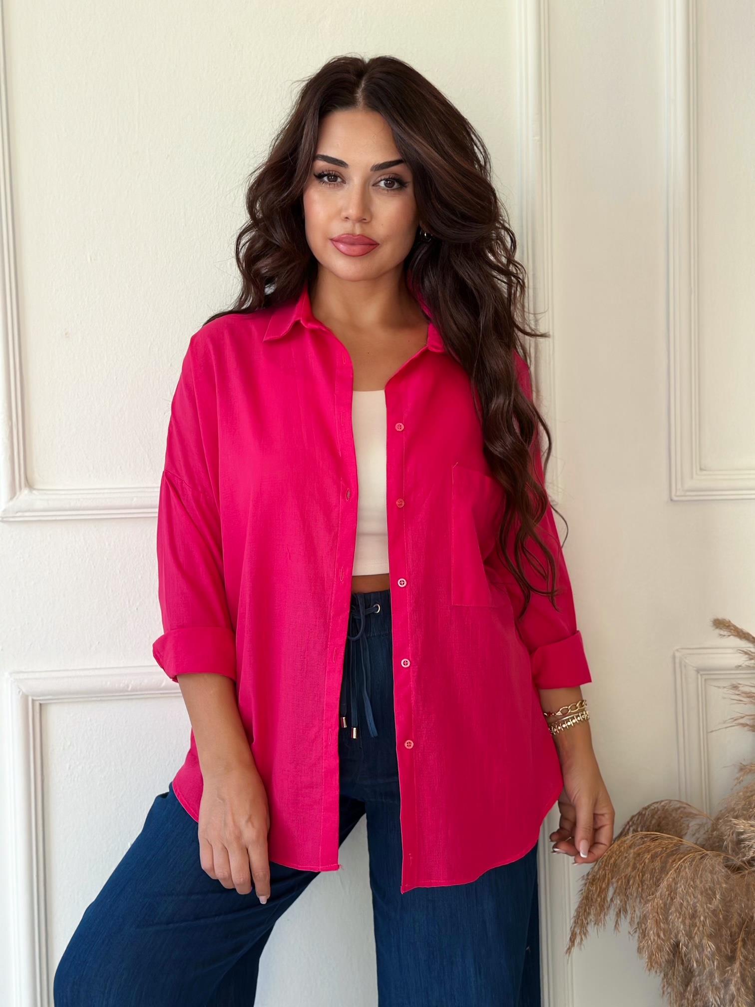 Lüks Kalite Tek Cepli Fuşya Keten Gömlek | Nora Butik