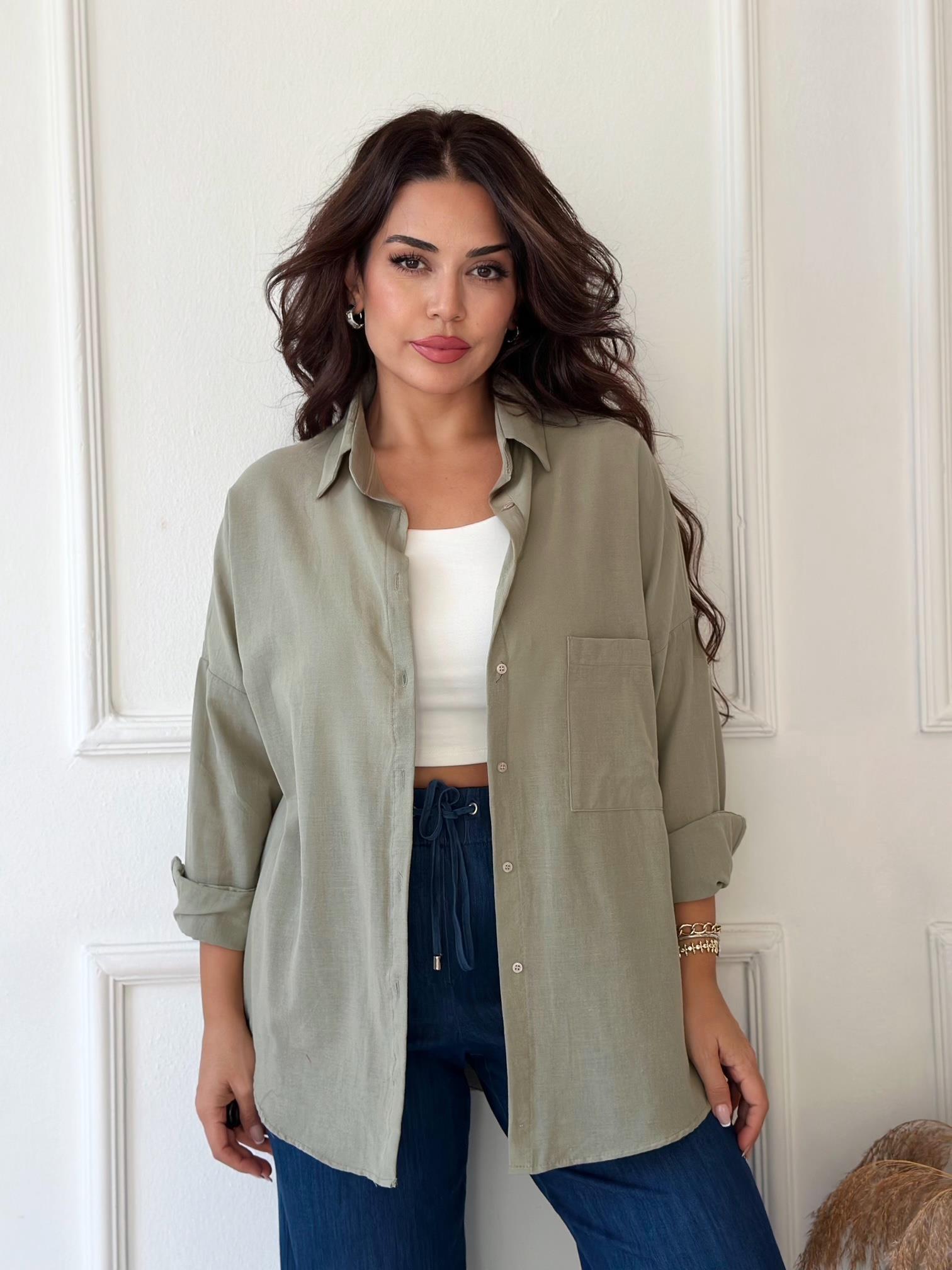 Lüks Kalite Tek Cepli Haki Keten Gömlek | Nora Butik