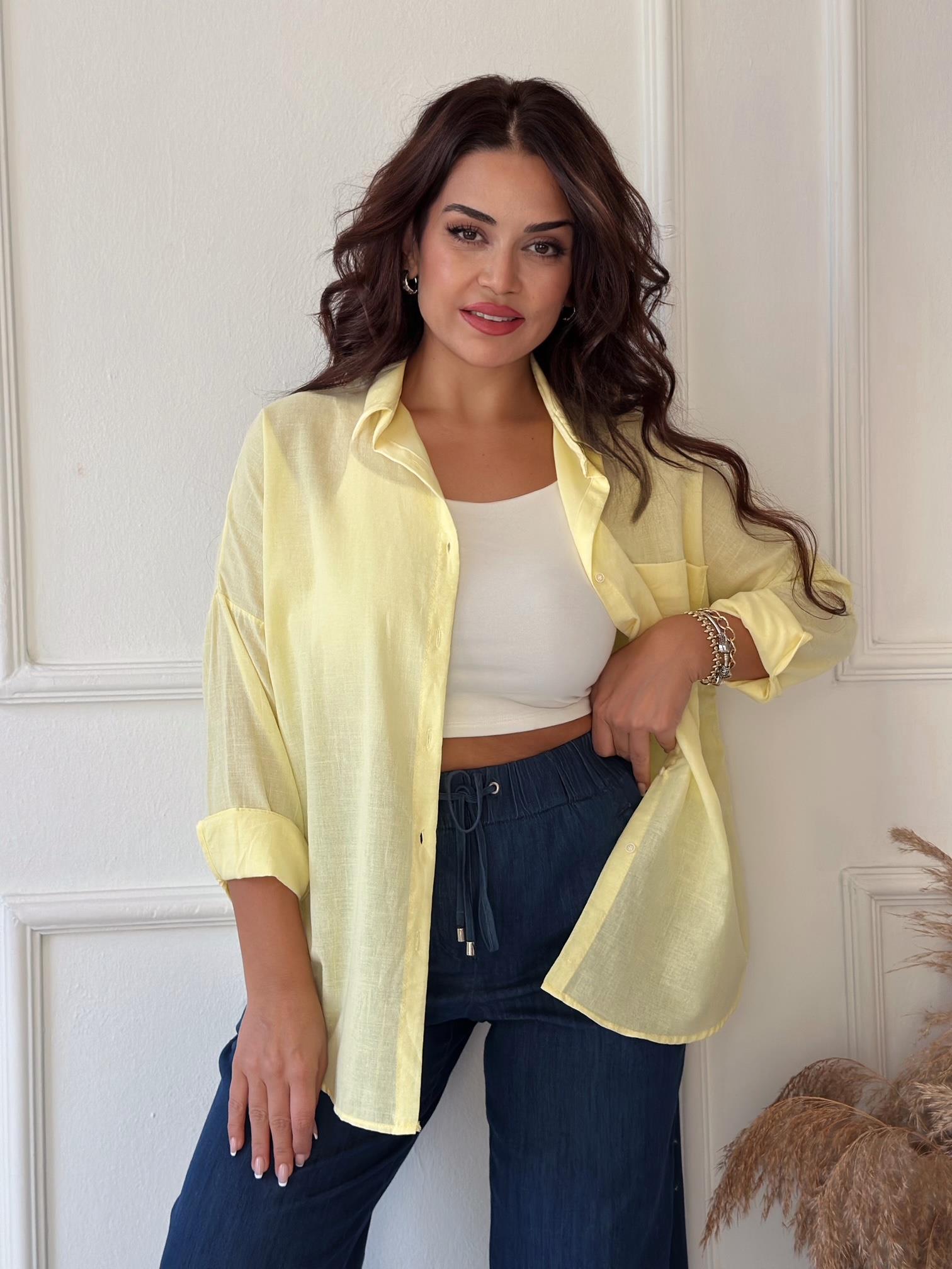 Lüks Kalite Tek Cepli Sarı Keten Gömlek | Nora Butik