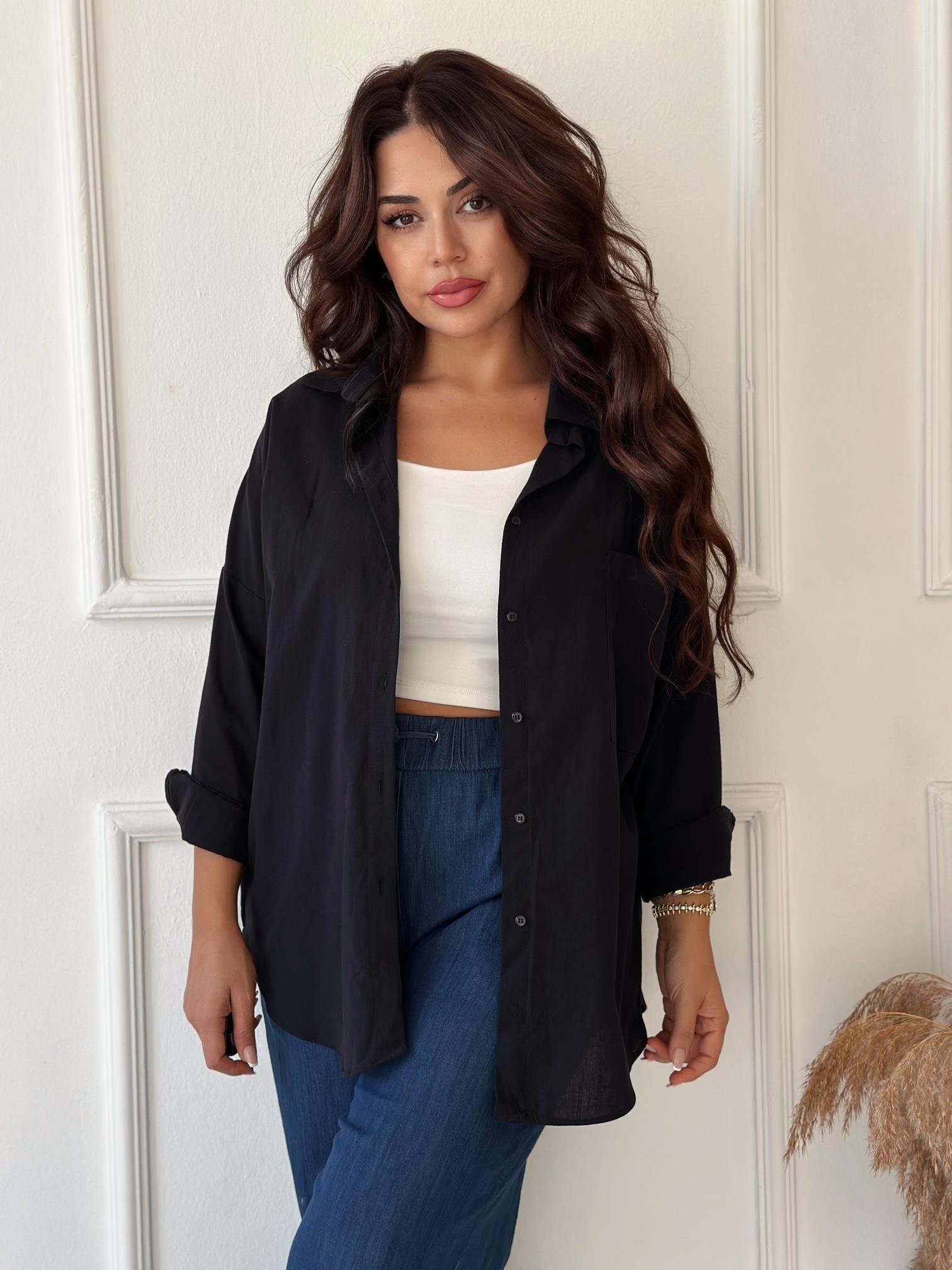 Lüks Kalite Tek Cepli Siyah Keten Gömlek | Nora Butik