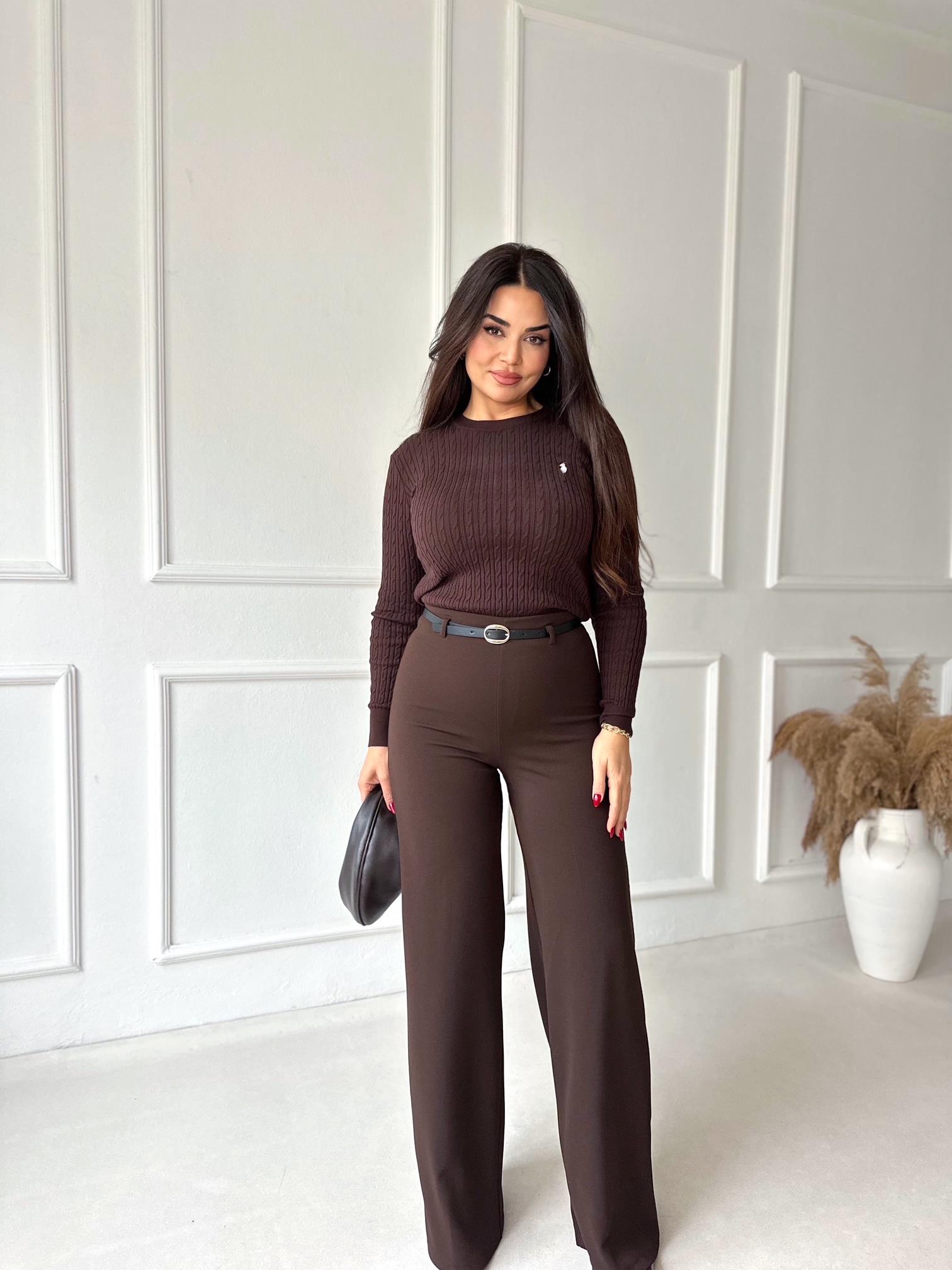 Lüks Kalite Yüksek Bel Kemerli Full Likra Palazzo Pantolon Kahve | Nora Butik