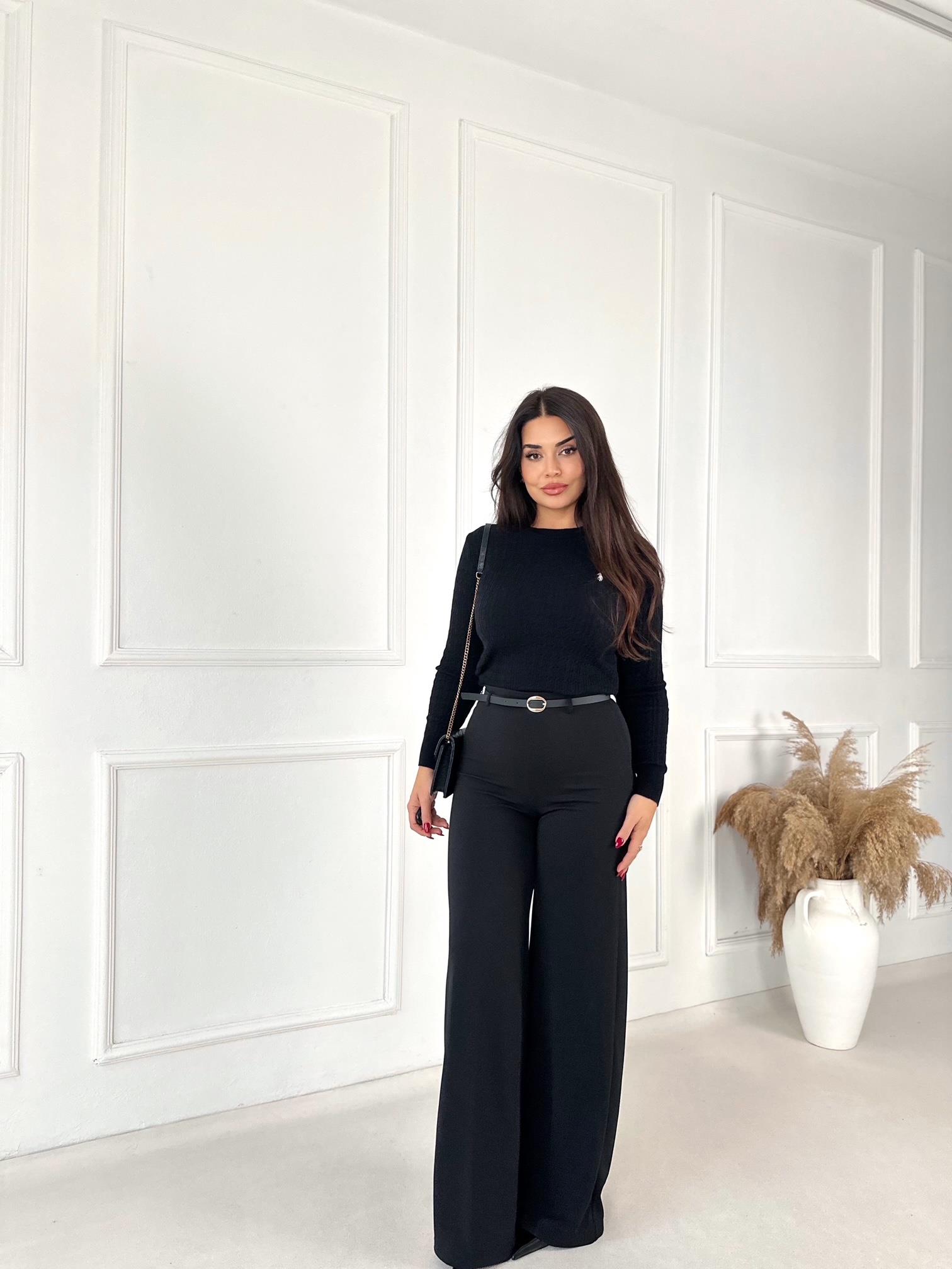 Lüks Kalite Yüksek Bel Kemerli Full Likra Palazzo Pantolon Siyah | Nora Butik