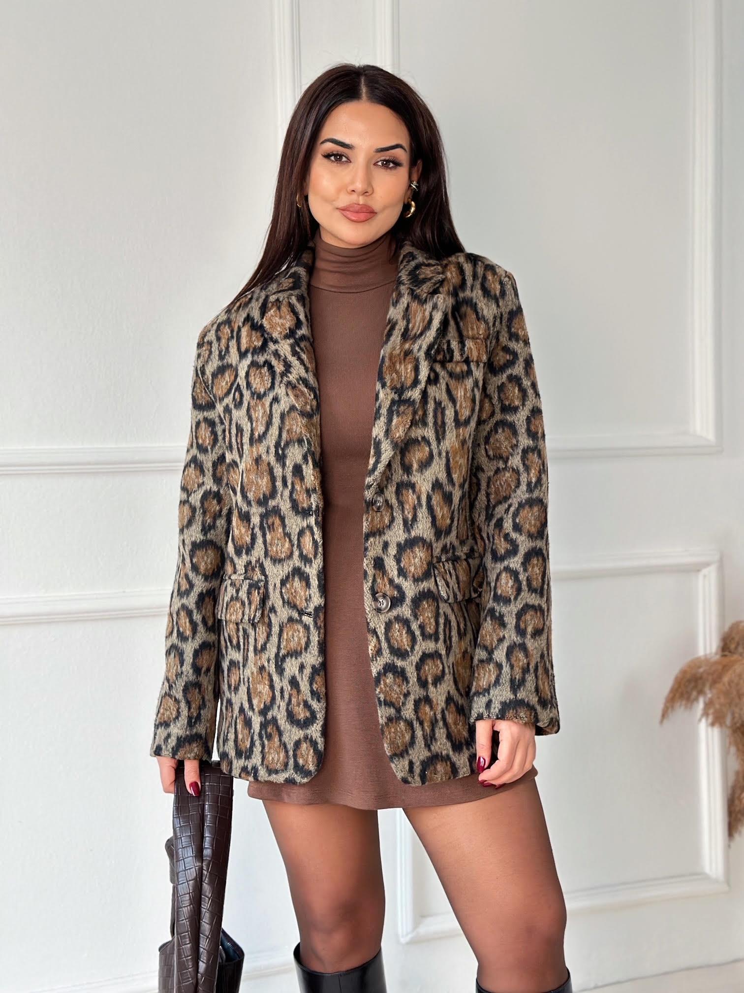 Lüks Kalite Yünlü Kumaş Leopar Desen Oversize Blazer Ceket