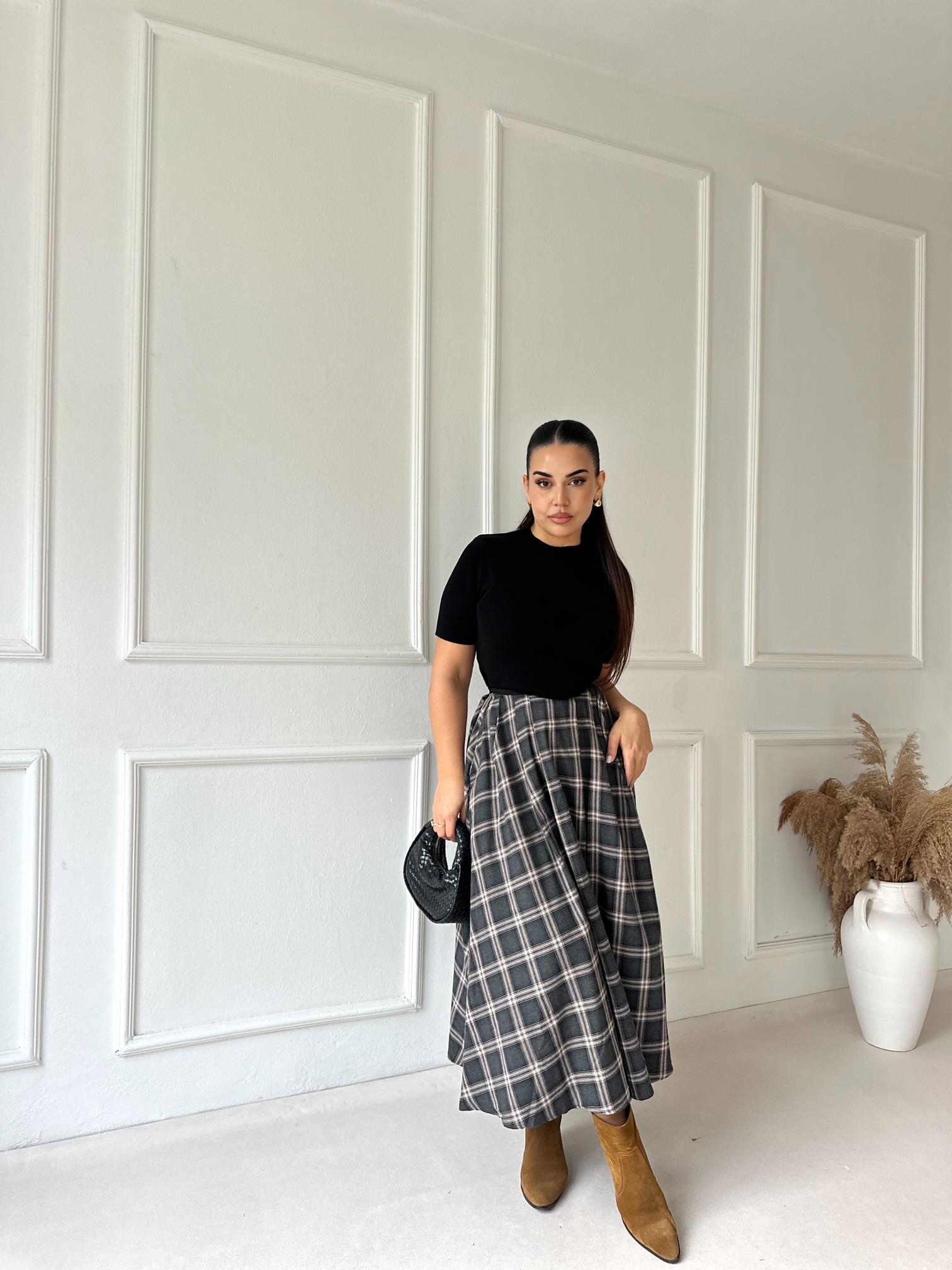 Maren Antrasit Ekose Cepli Yüksek Bel Midi Etek · 3