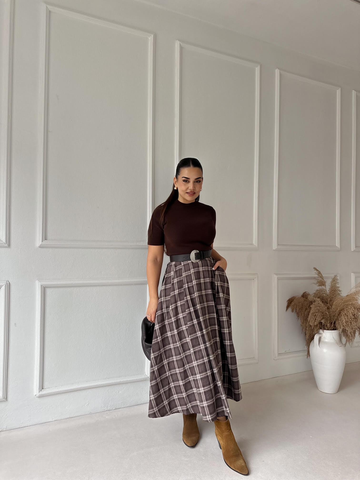 Maren Kahve Ekose Cepli Yüksek Bel Midi Etek · 2
