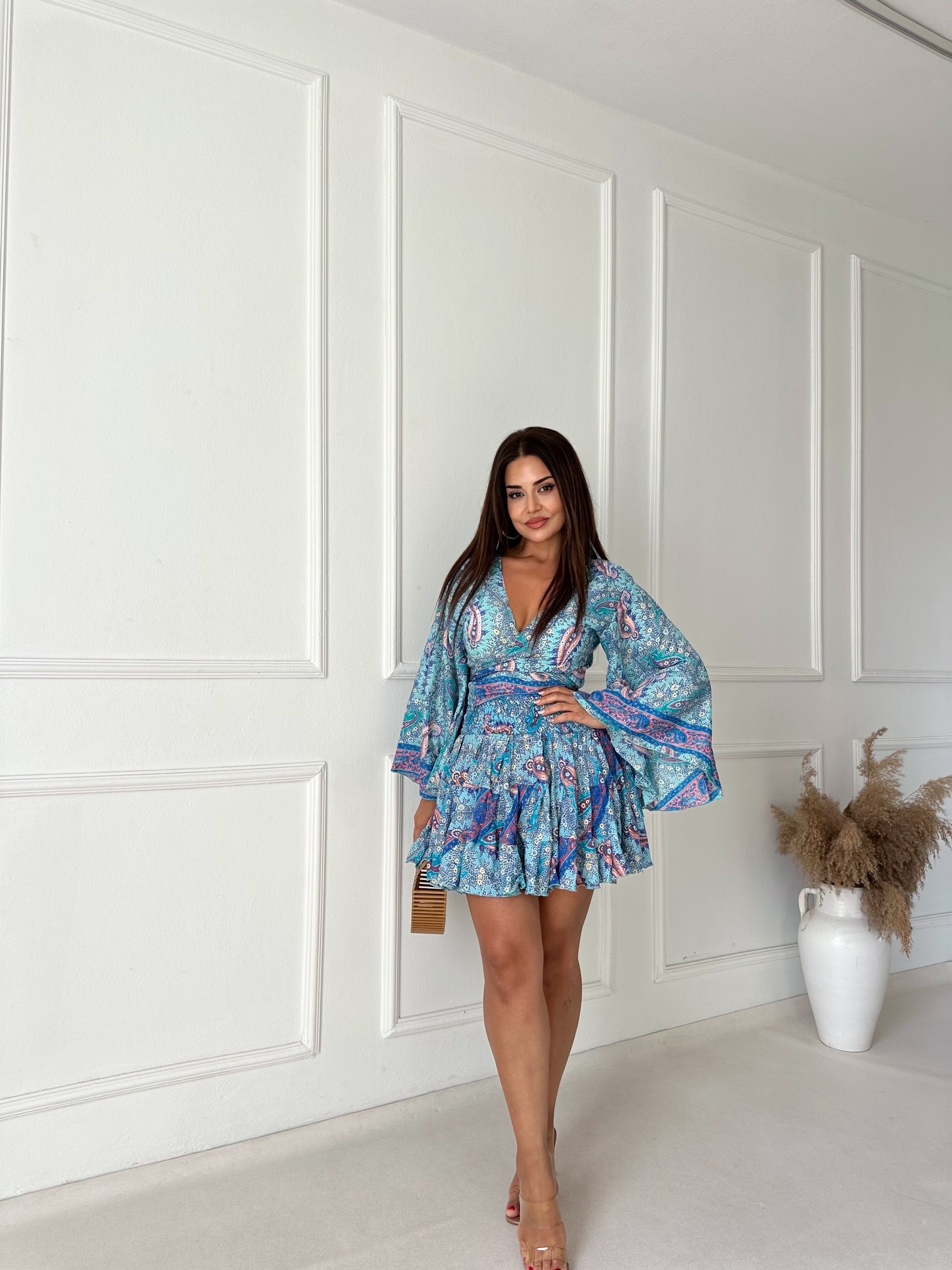 Maris Şal Desenli Bağlamalı Bluz Etek Takım - Mavi · 5
