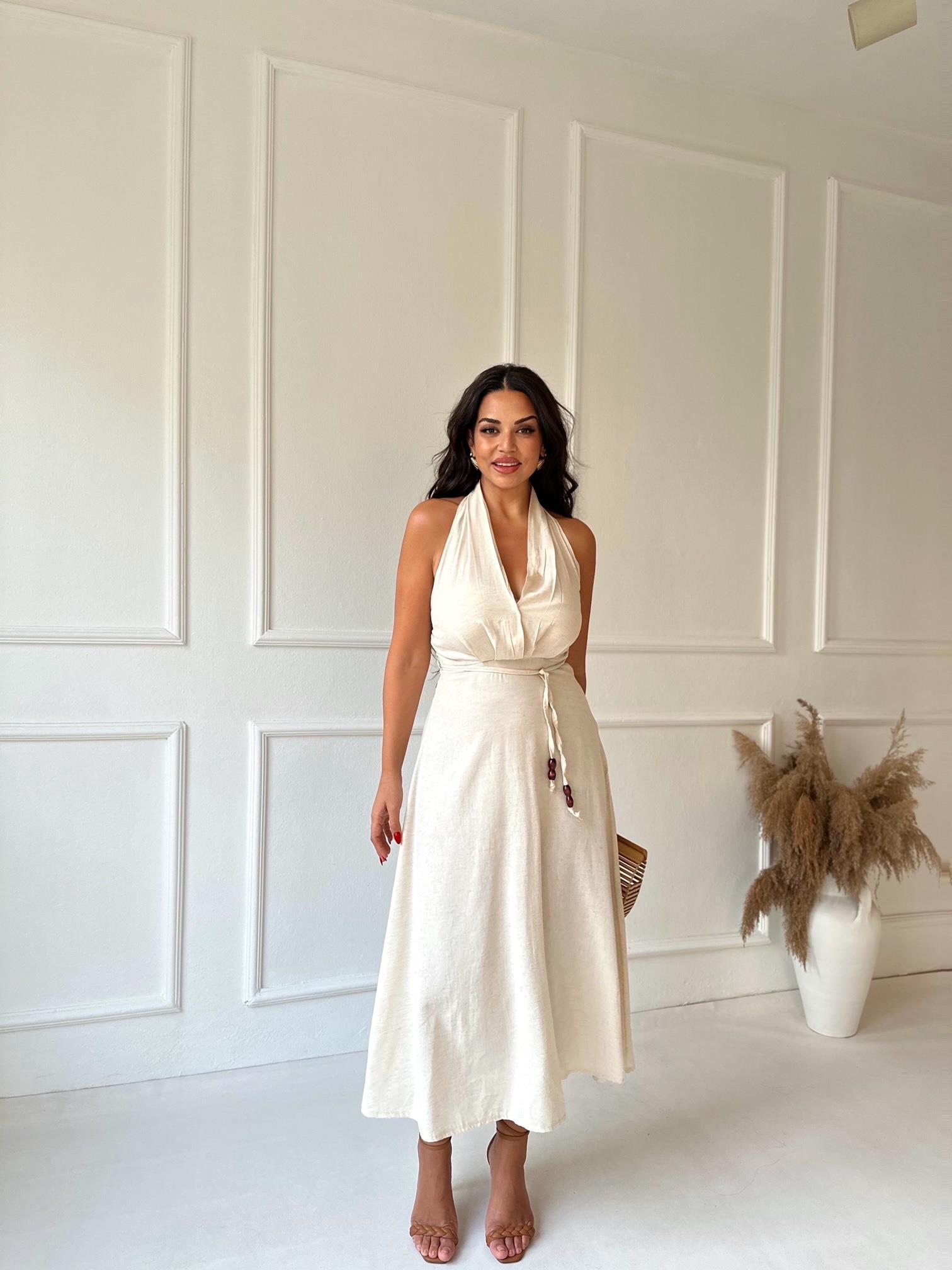 Marka Model Bej Keten Karışımlı Halter Yaka Elbise | Nora Butik · 2
