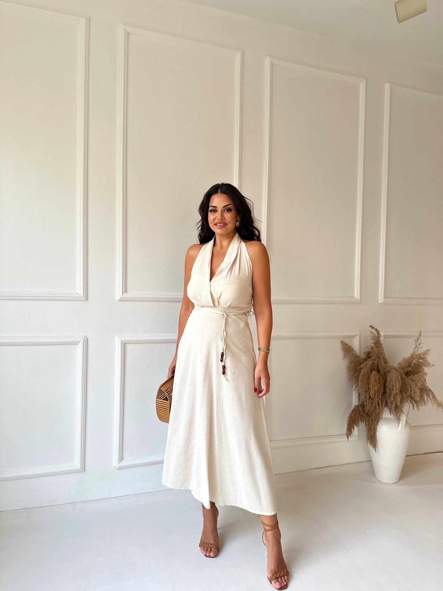 Marka Model Bej Keten Karışımlı Halter Yaka Elbise