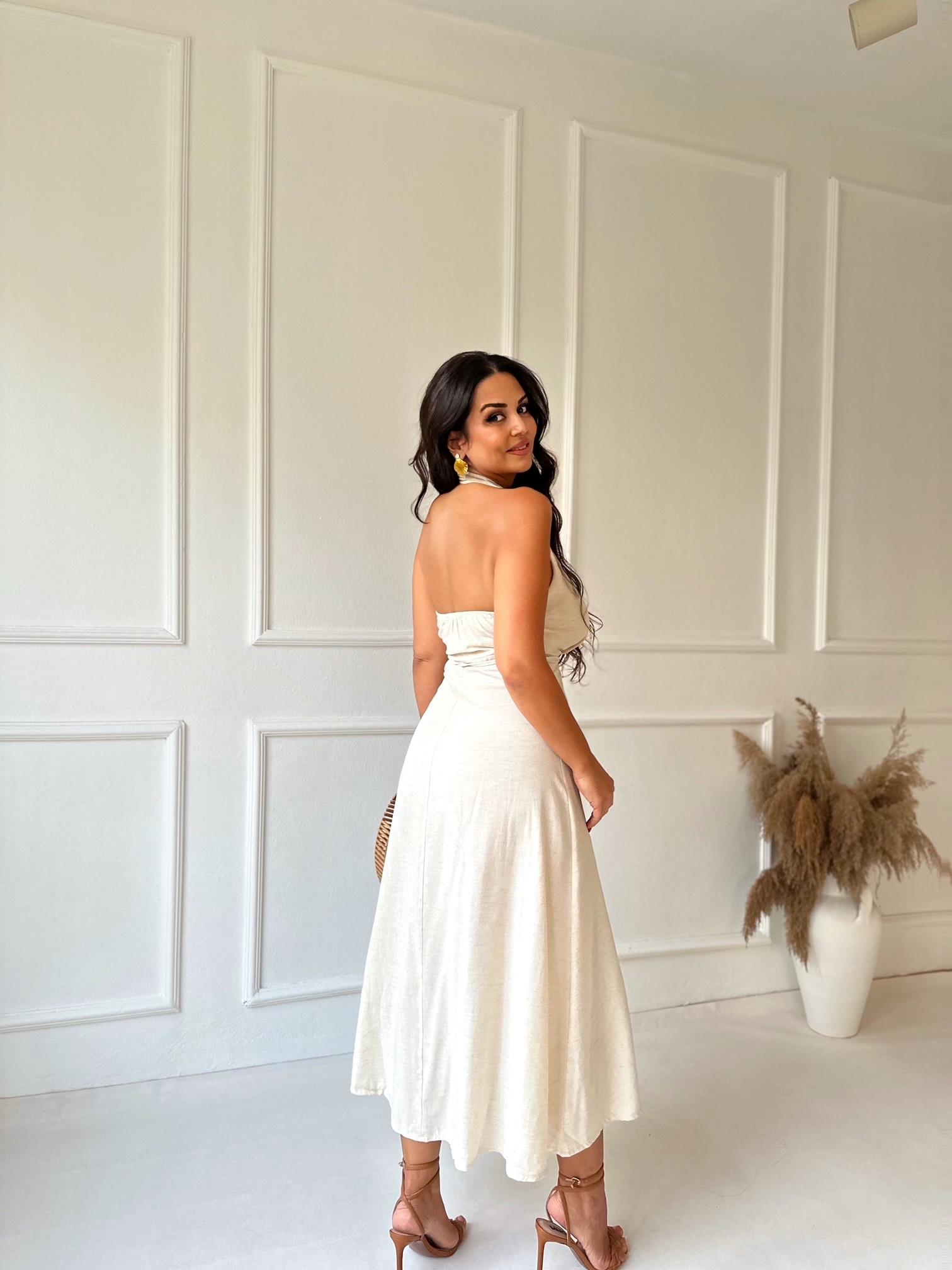 Marka Model Bej Keten Karışımlı Halter Yaka Elbise | Nora Butik · 5