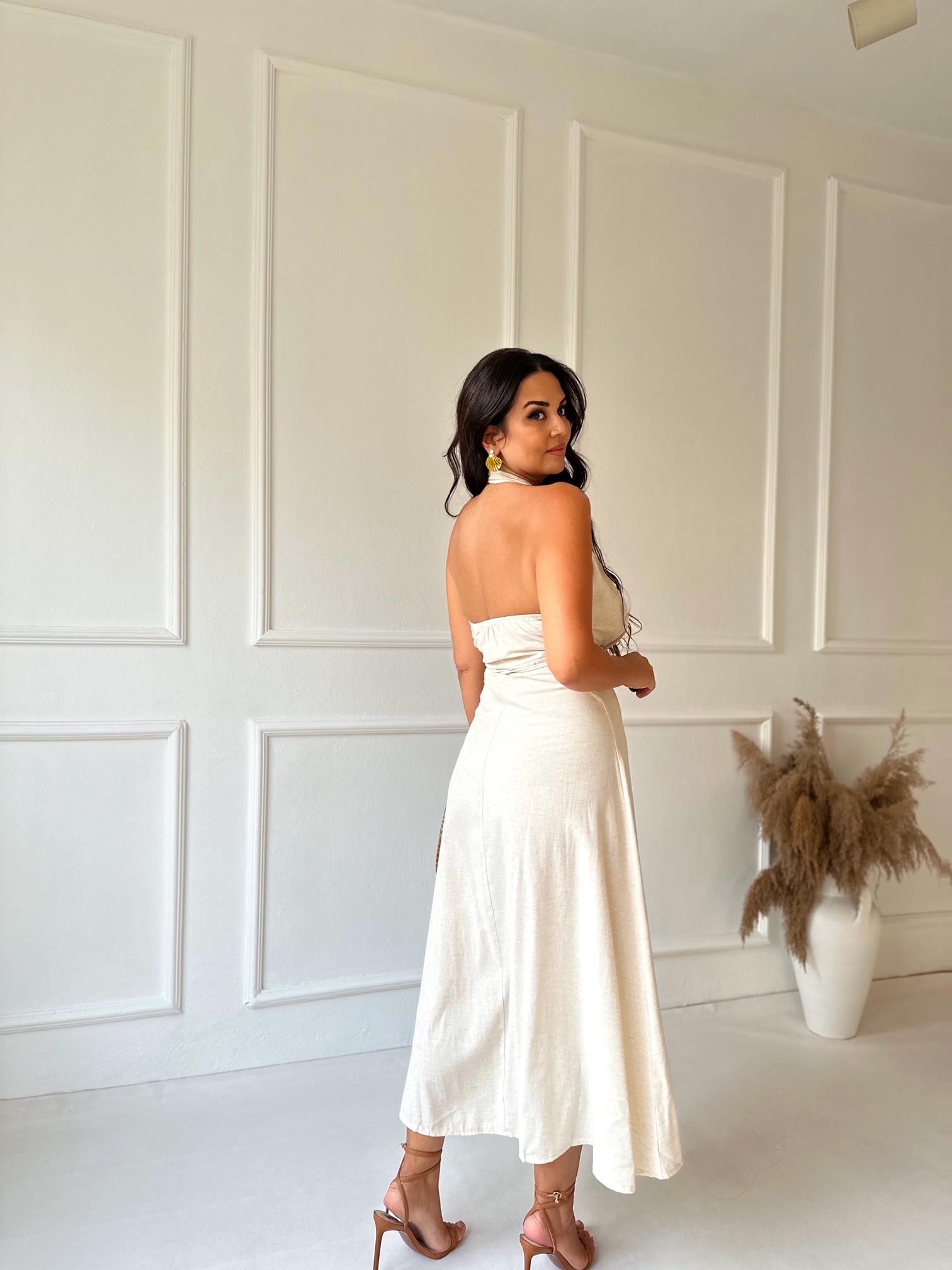 Marka Model Bej Keten Karışımlı Halter Yaka Elbise | Nora Butik · 8