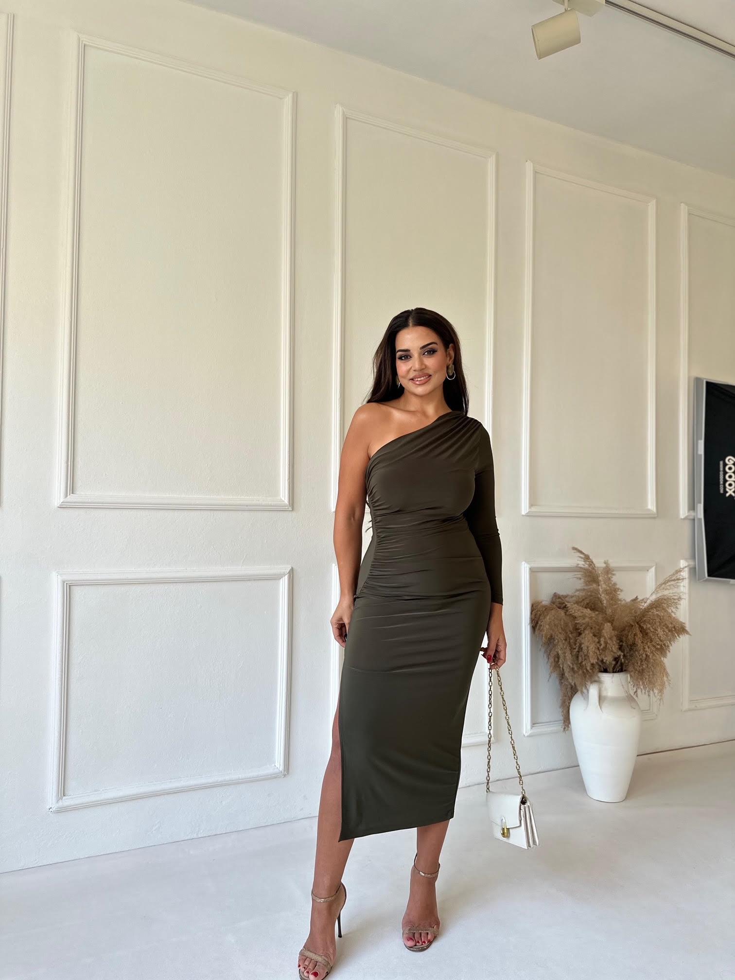 Marka Model Haki Tek Kol Yırtmaçlı Uzun Elbise