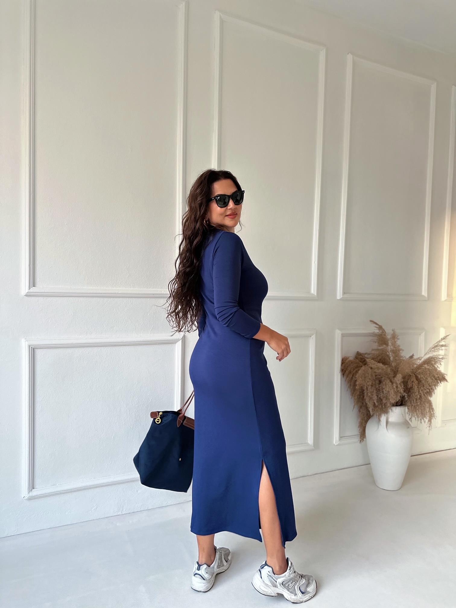 Marka Model Önden Bağlamalı Uzun Kollu Pamuklu Lacivert Kalem Elbise | Nora Butik · 6