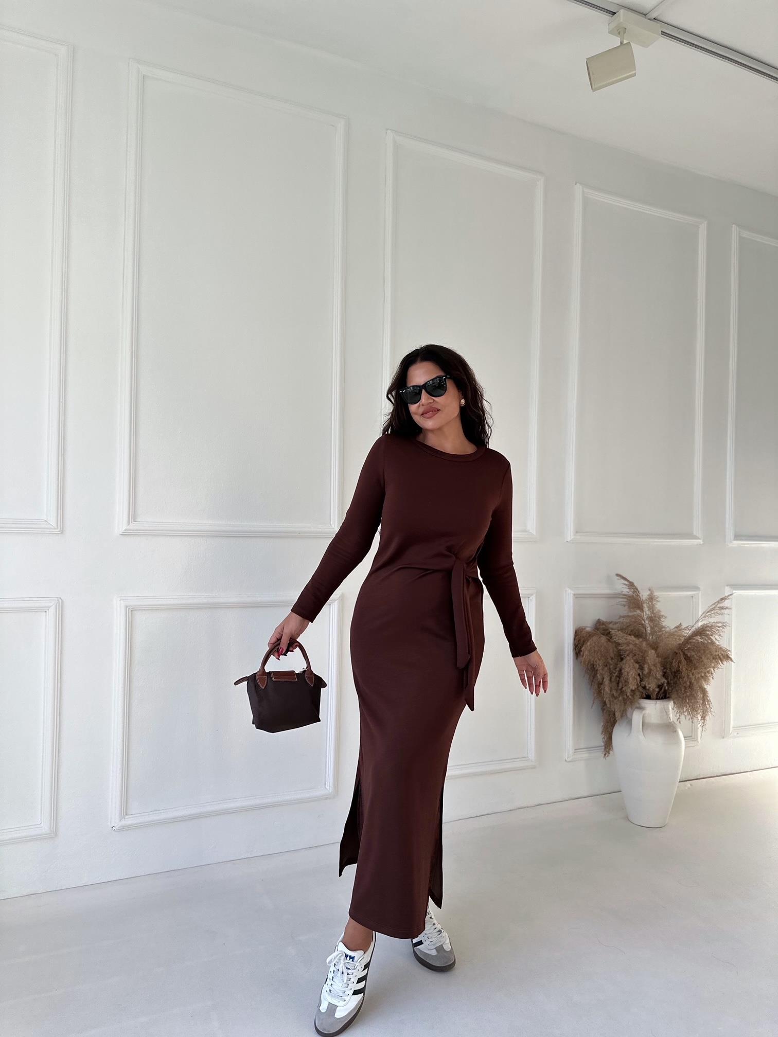 Marka Model Önden Bağlamalı Uzun Kollu Pamuklu Acı Kahve Kalem Elbise