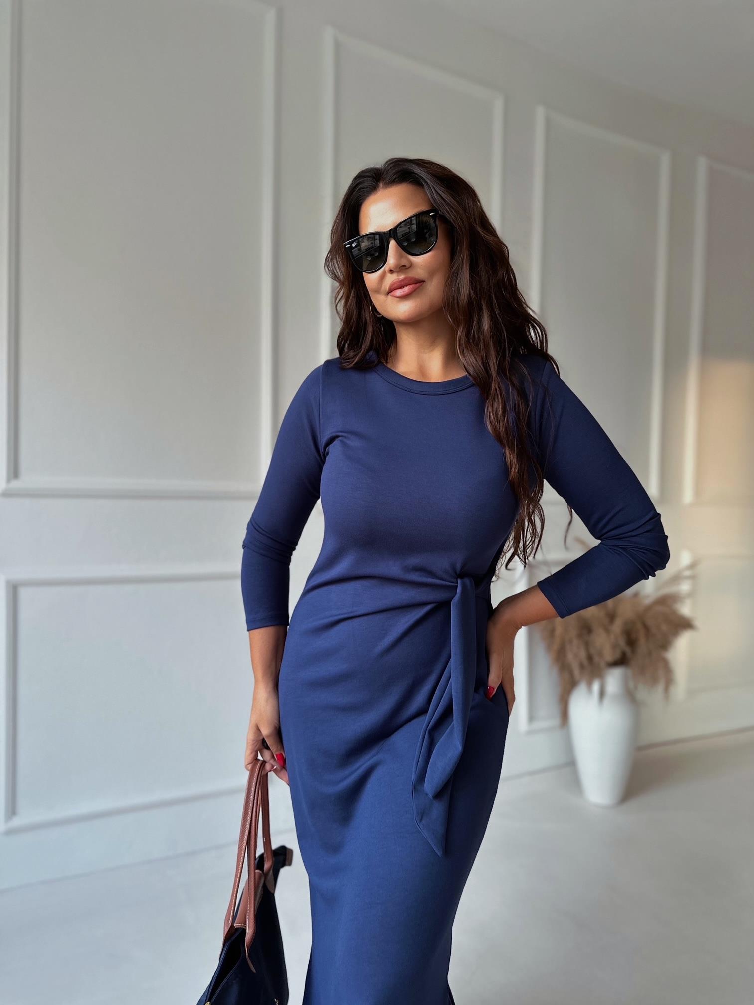 Marka Model Önden Bağlamalı Uzun Kollu Pamuklu Lacivert Kalem Elbise | Nora Butik · 7
