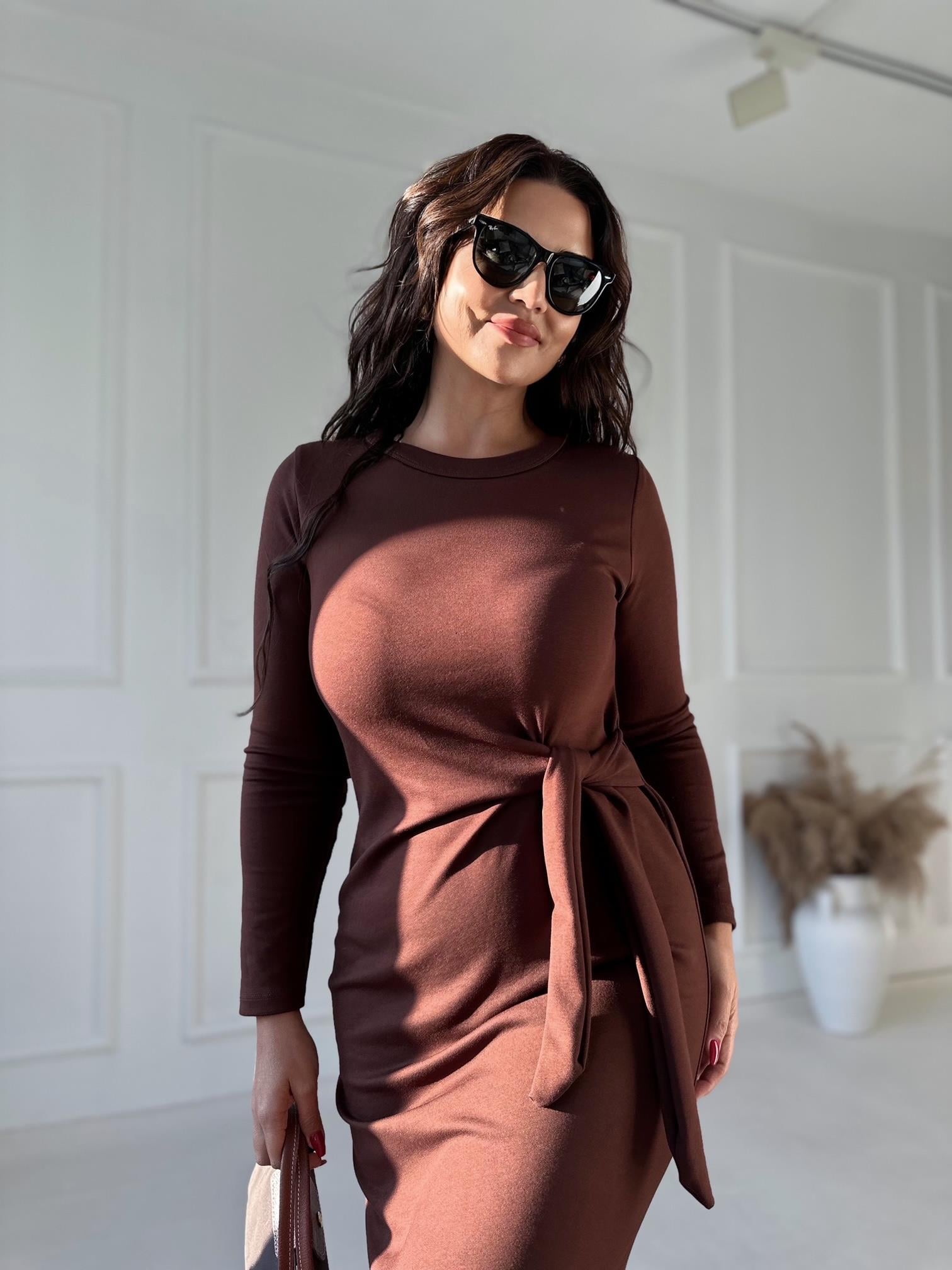 Marka Model Önden Bağlamalı Uzun Kollu Pamuklu Acı Kahve Kalem Elbise | Nora Butik · 7