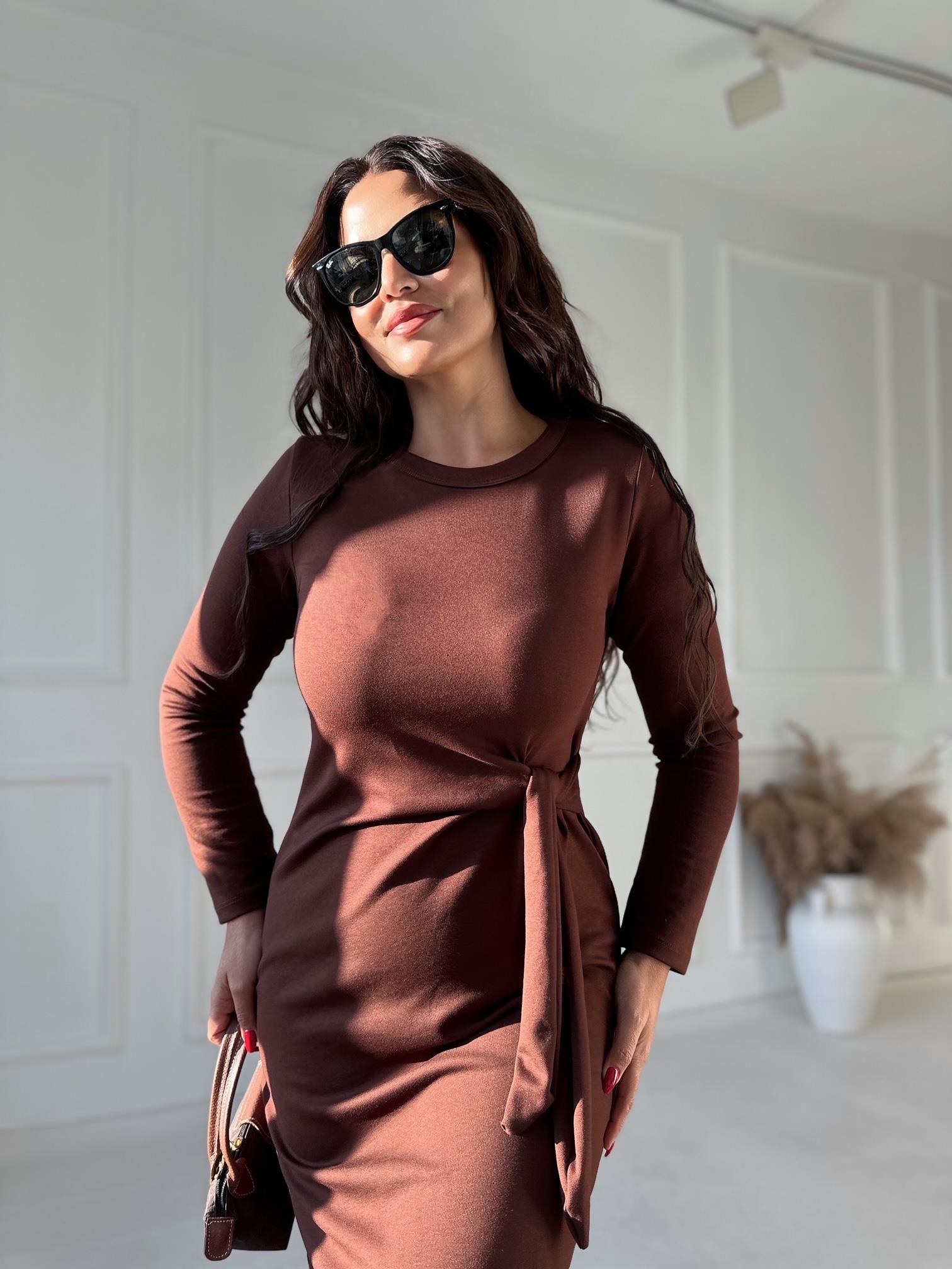 Marka Model Önden Bağlamalı Uzun Kollu Pamuklu Acı Kahve Kalem Elbise | Nora Butik · 9