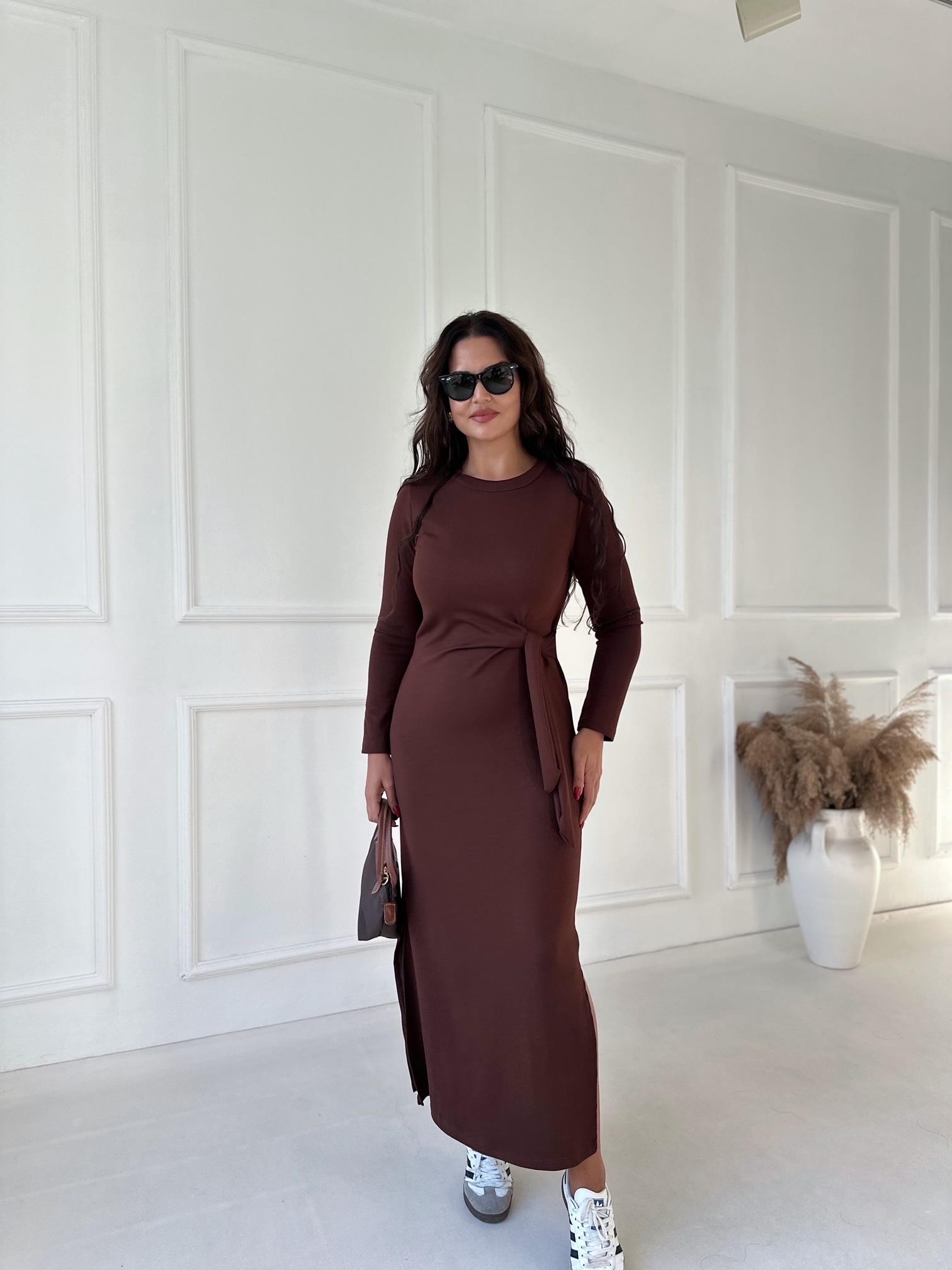 Marka Model Önden Bağlamalı Uzun Kollu Pamuklu Acı Kahve Kalem Elbise | Nora Butik · 10