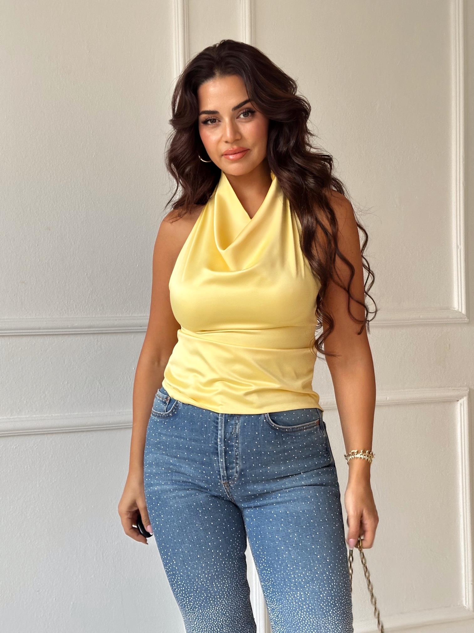 Marka Model Saten Halter Yaka Sarı Bluz