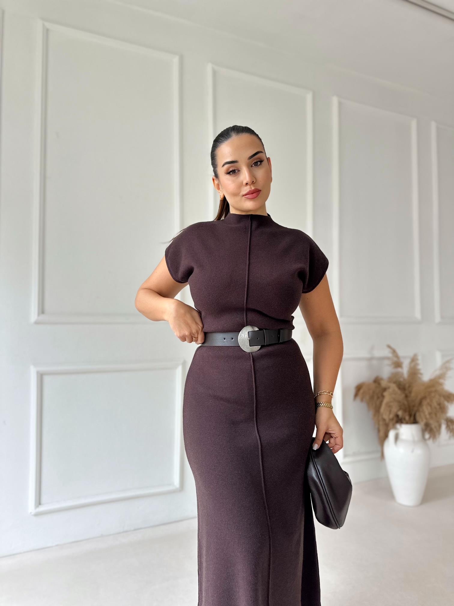 Minimal Line Kısa Kollu Triko Bluz - Kahve · 4