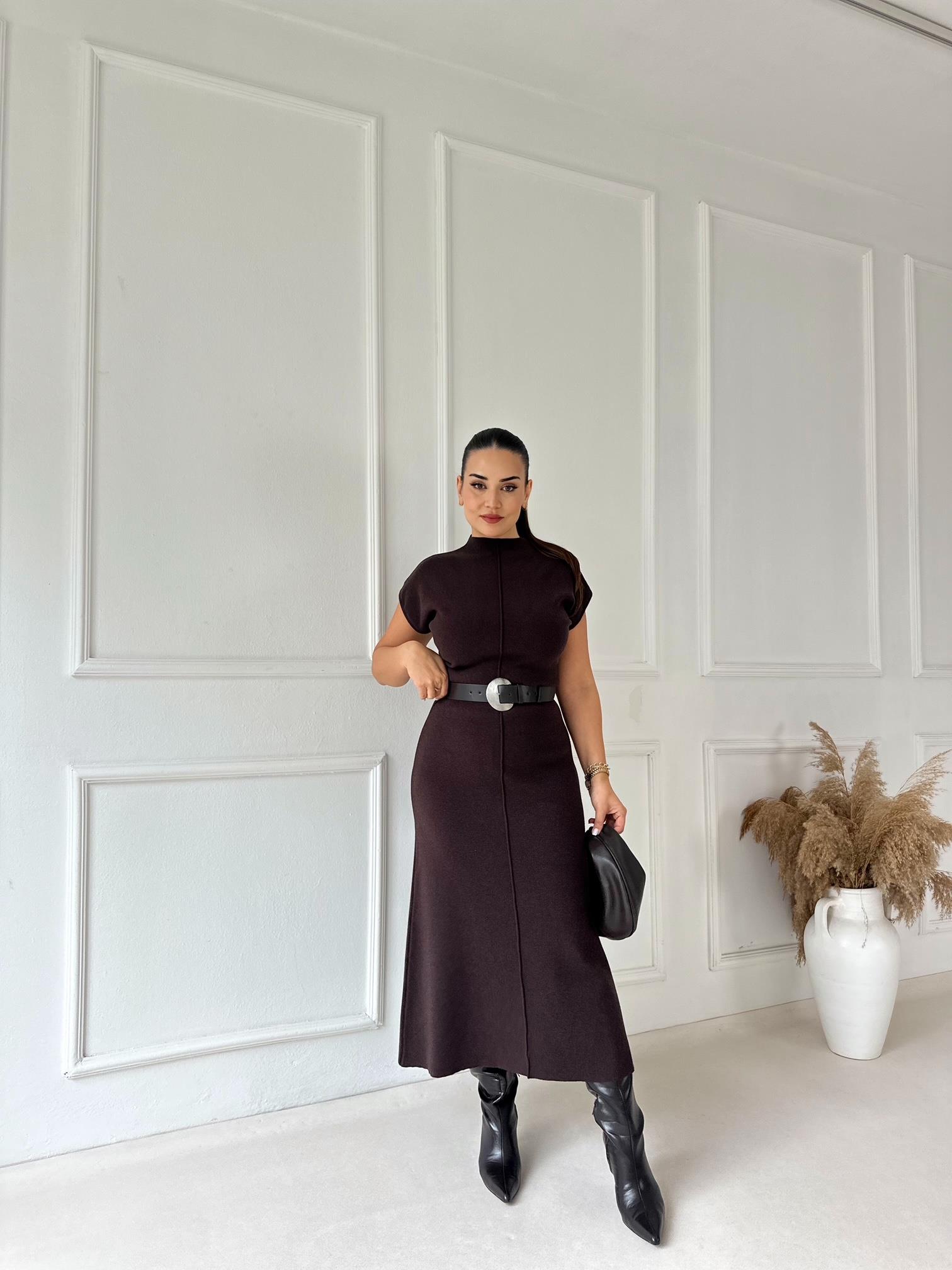 Minimal Line Yüksek Bel Midi Triko Etek - Kahve