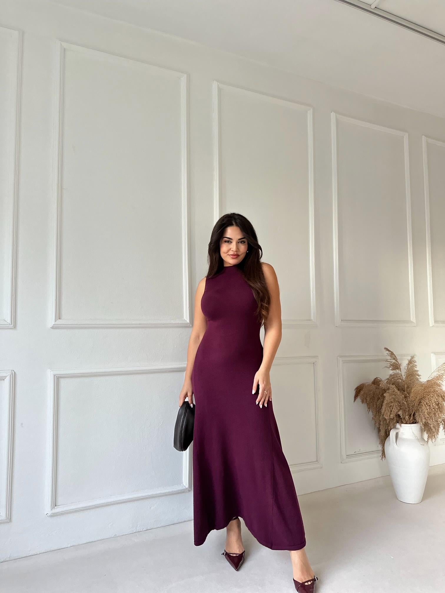 Mocha Chic Kolsuz Midi Triko Elbise - Mürdüm