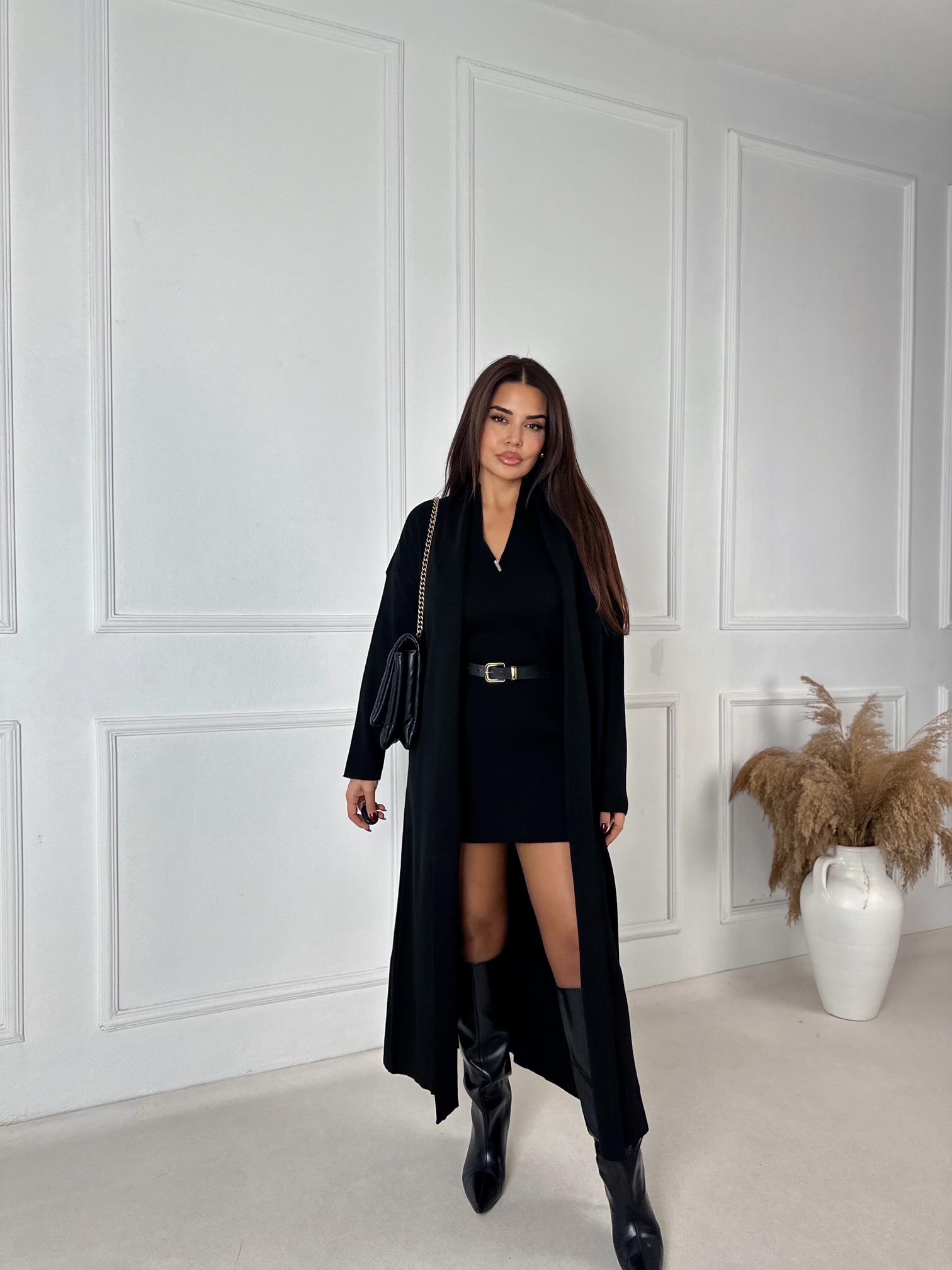 Monroe Siyah Triko Mini Elbise & Uzun Hırka Takım