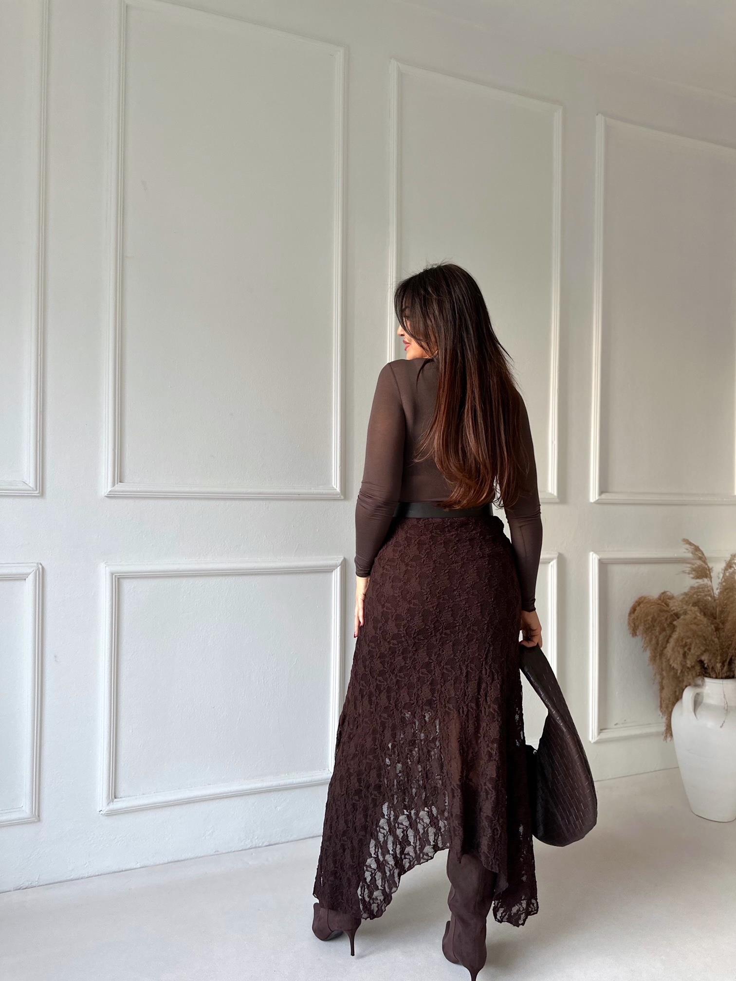 Noir Lace Asimetrik Dantel Etek - Kahve · 7
