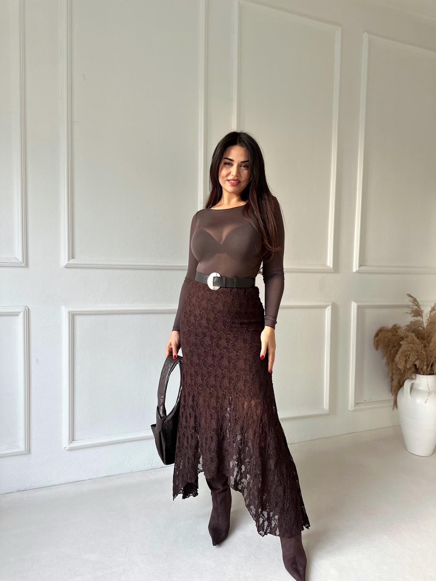 Noir Lace Asimetrik Dantel Etek - Kahve · 2