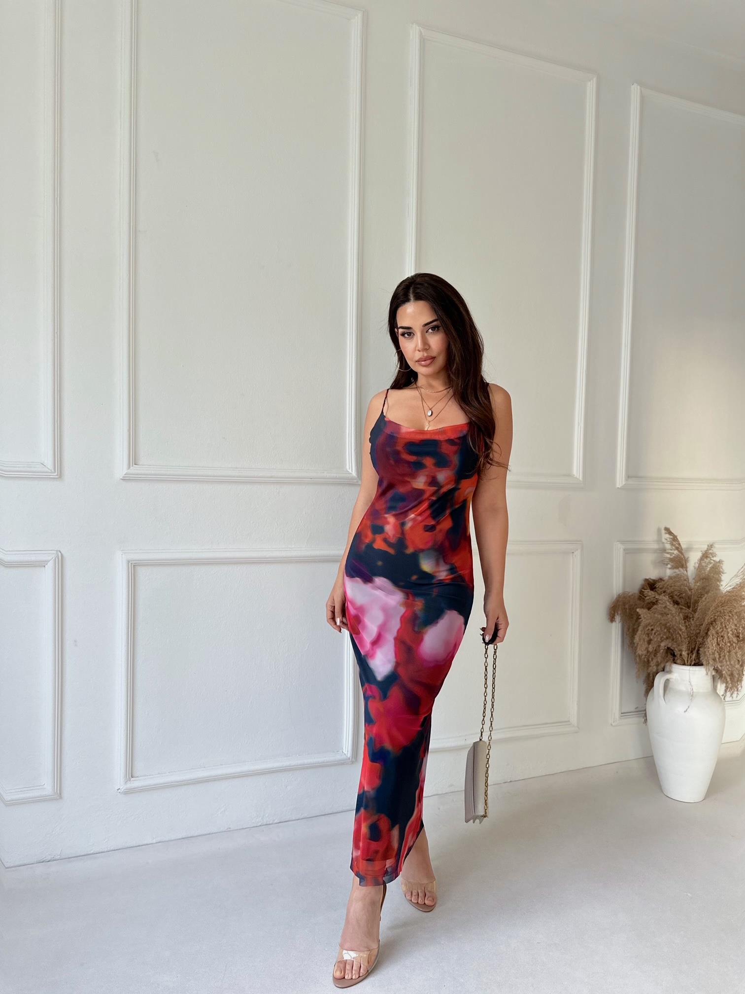 Nora Elegance Kalem Elbise - Kırmızı Desenli · 4