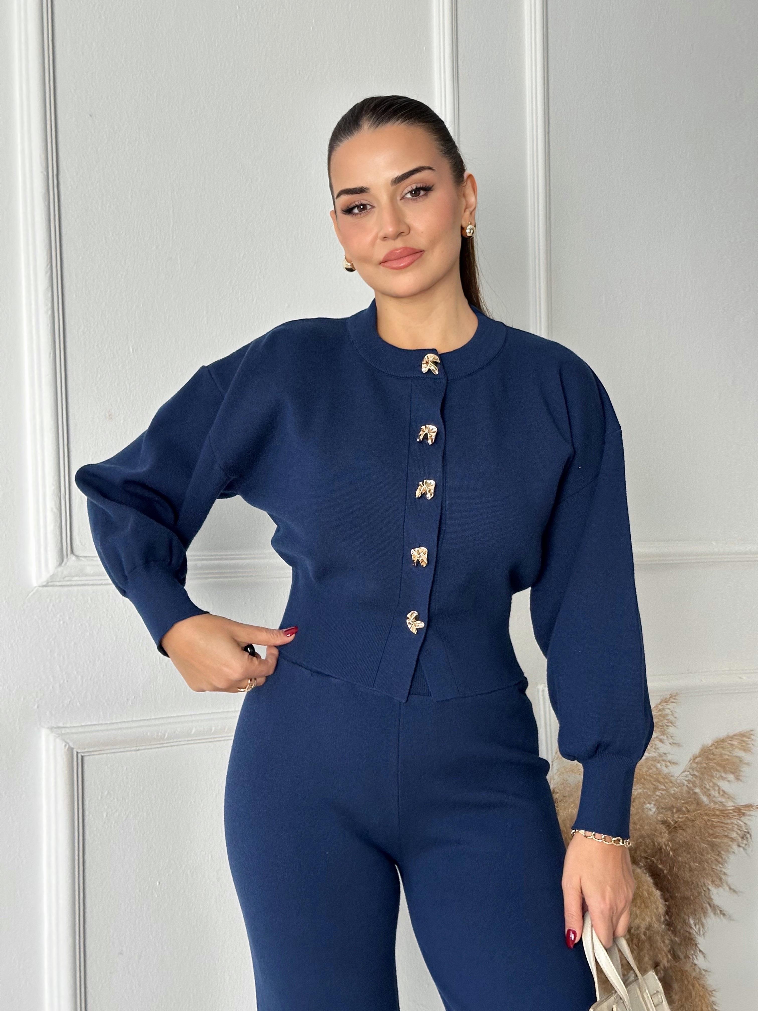 NORA ELYA Premium Knit – Gold Button Triko Hırka - Lacivert