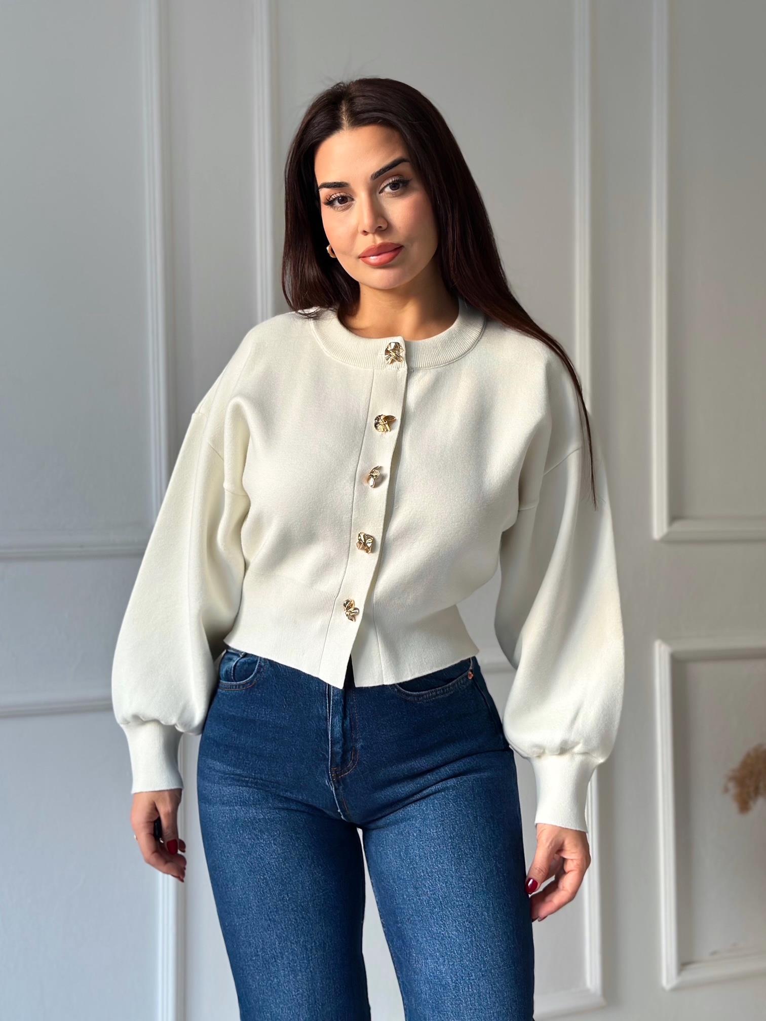 NORA ELYA Premium Knit – Gold Button Triko Hırka - Ekru